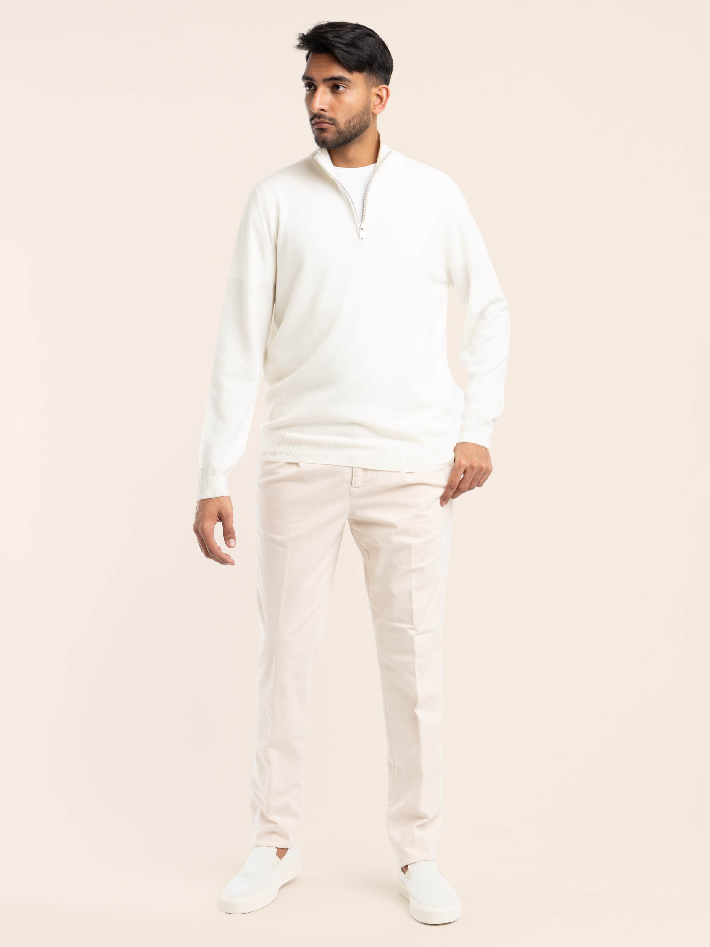 White Cashmere Turtleneck Quarter Zip Sweater