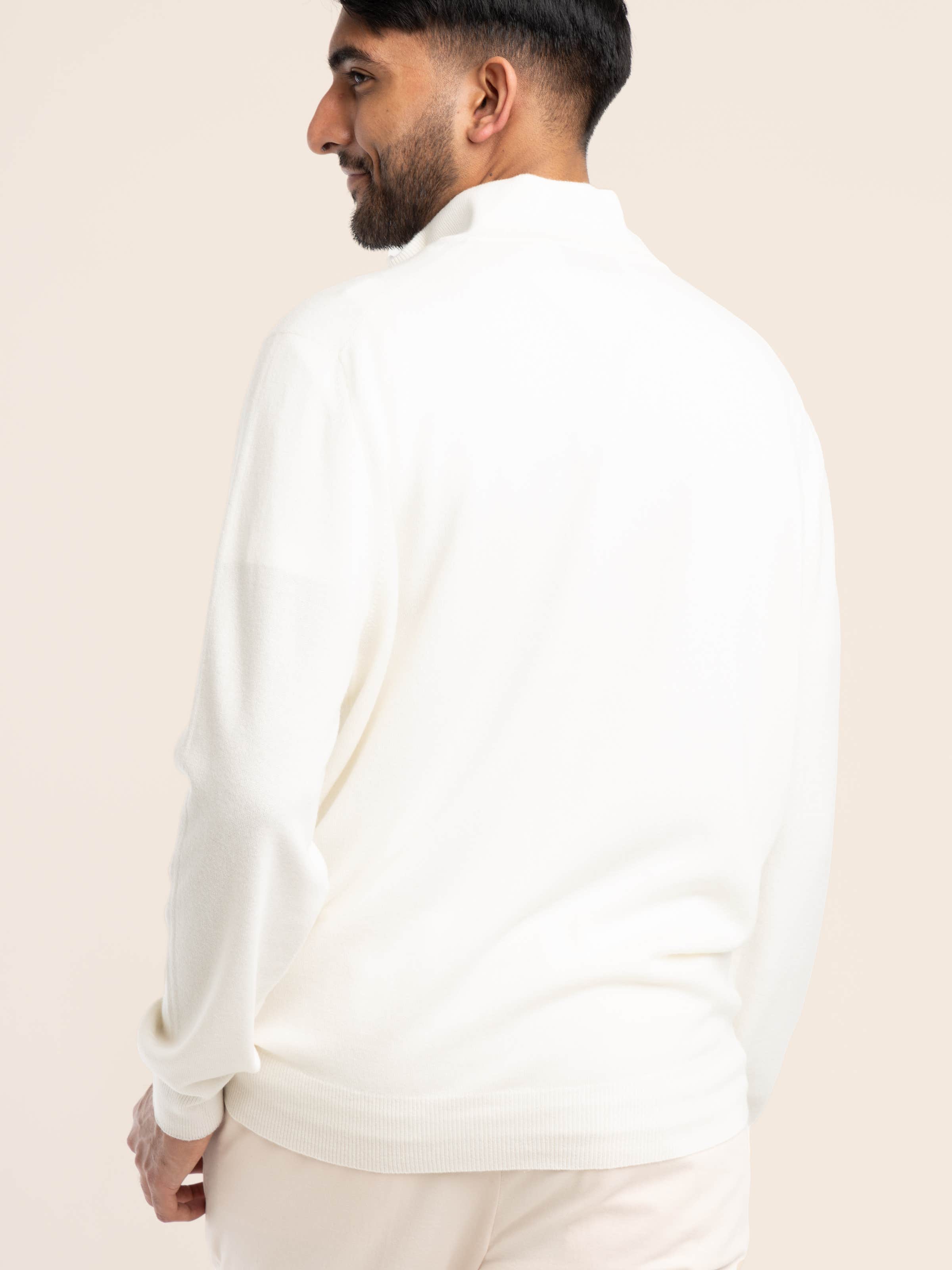 White Cashmere Turtleneck Quarter Zip Sweater