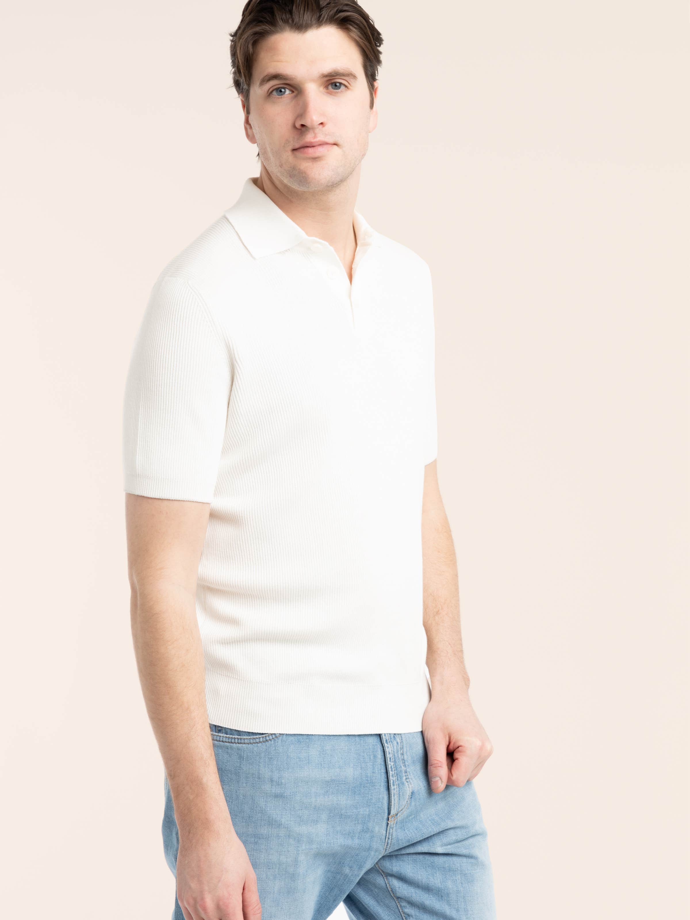 White Ribbed Cotton Polo Shirt
