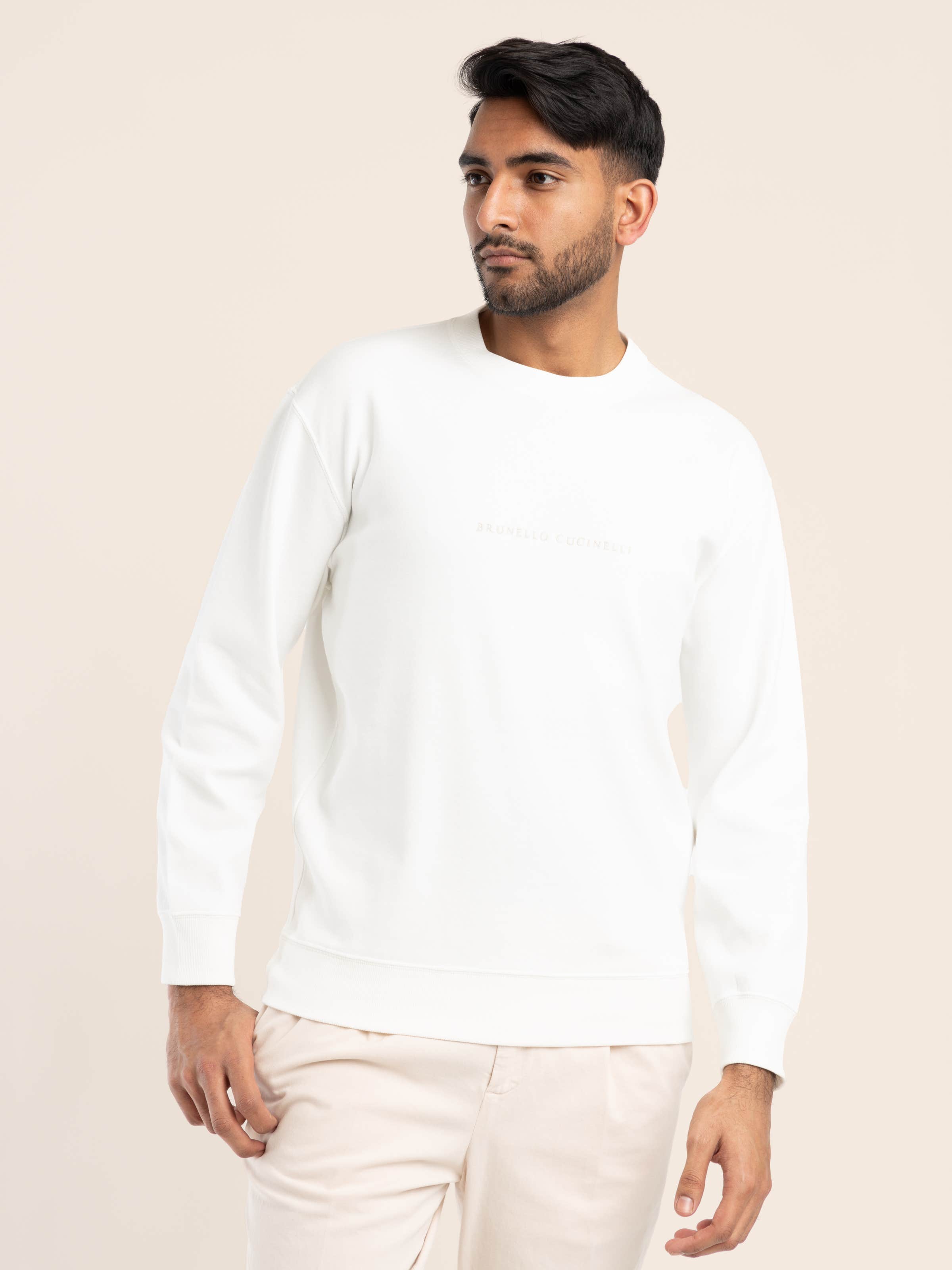 White Techno Cotton French Terry Sweatshirt with Embroidery