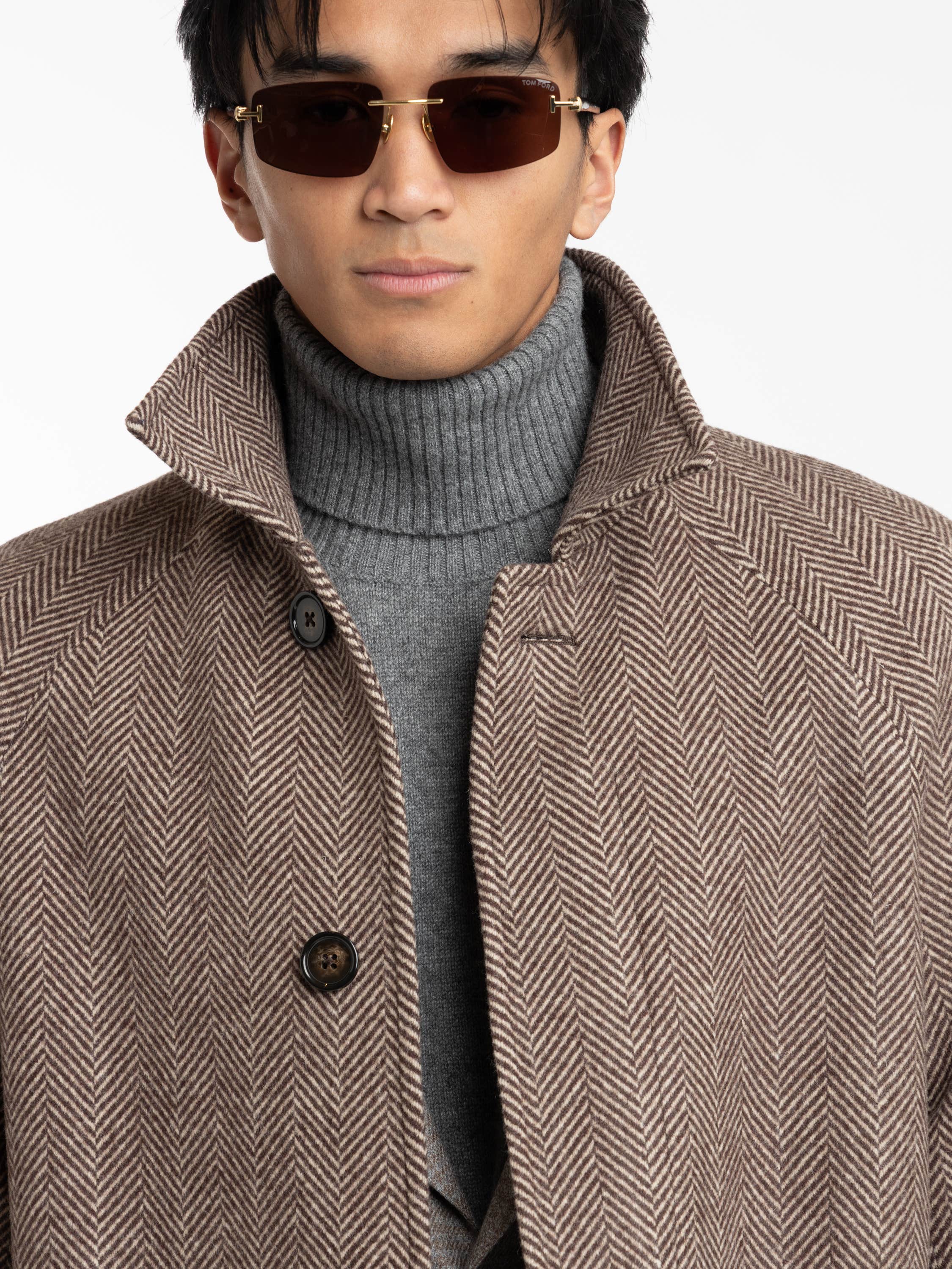Brown Wool Herringbone Topcoat