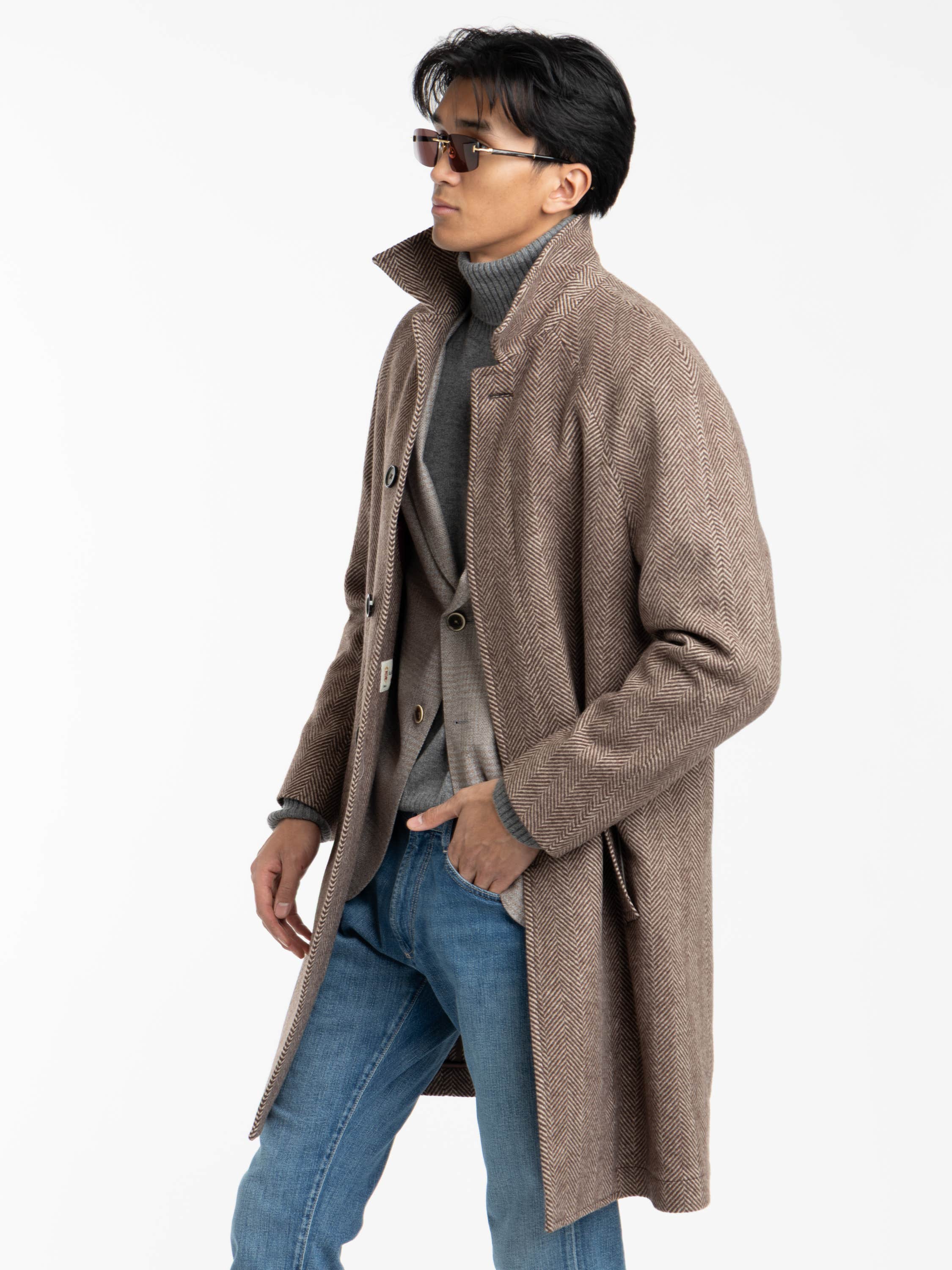 Brown Wool Herringbone Topcoat