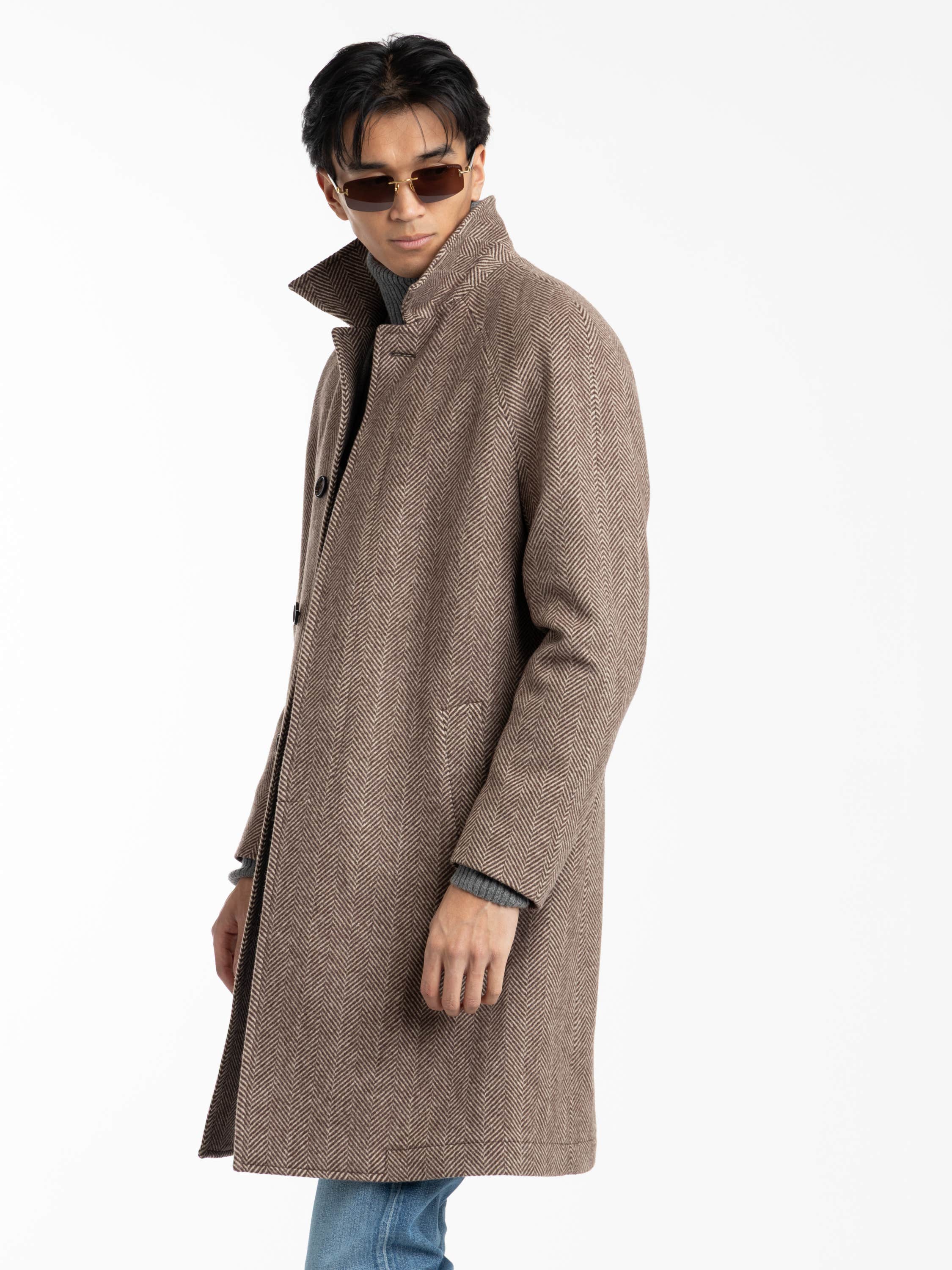 Brown Wool Herringbone Topcoat