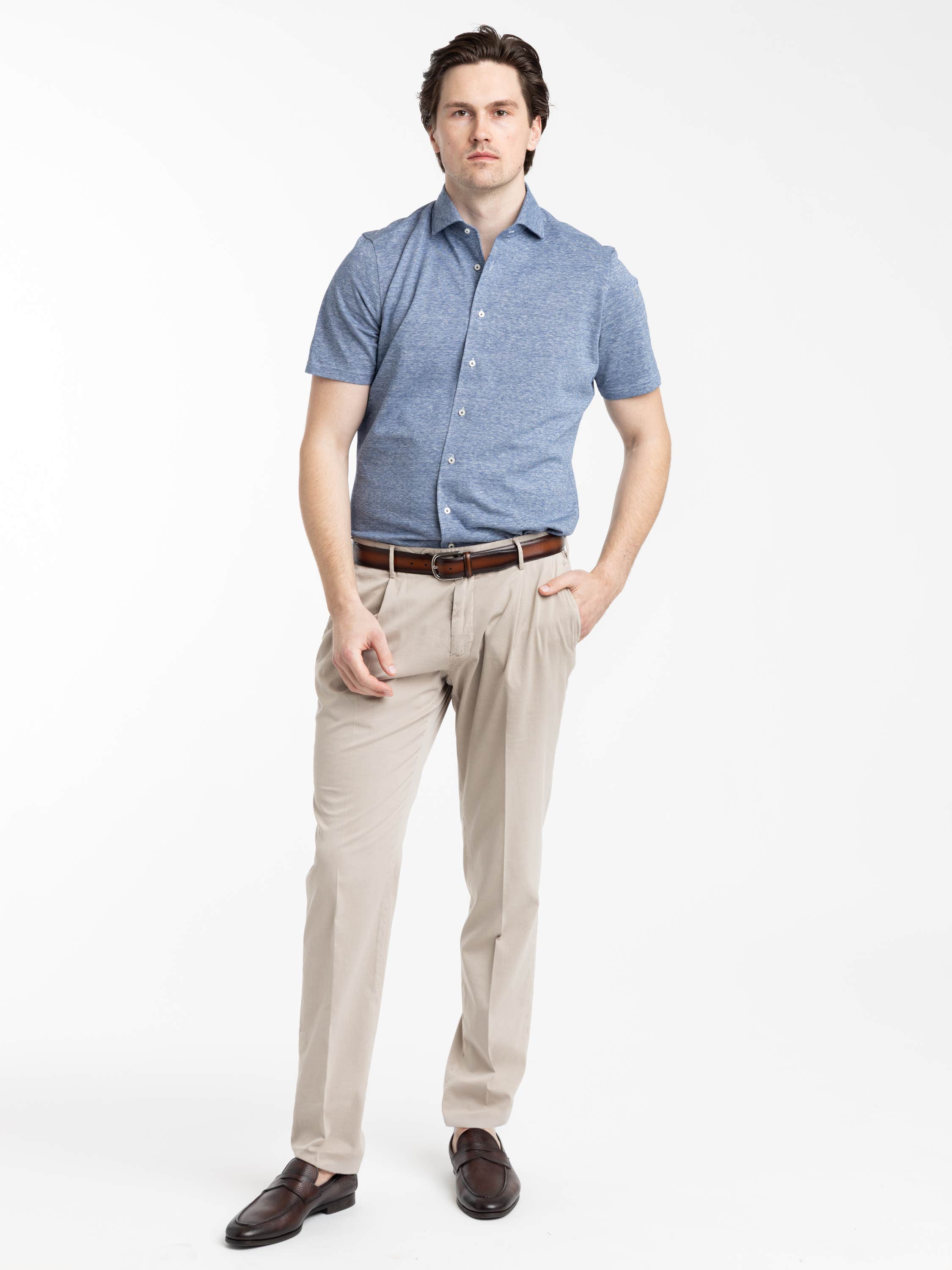 Blue Short Sleeve Jacquard Knit Full Button Shirt