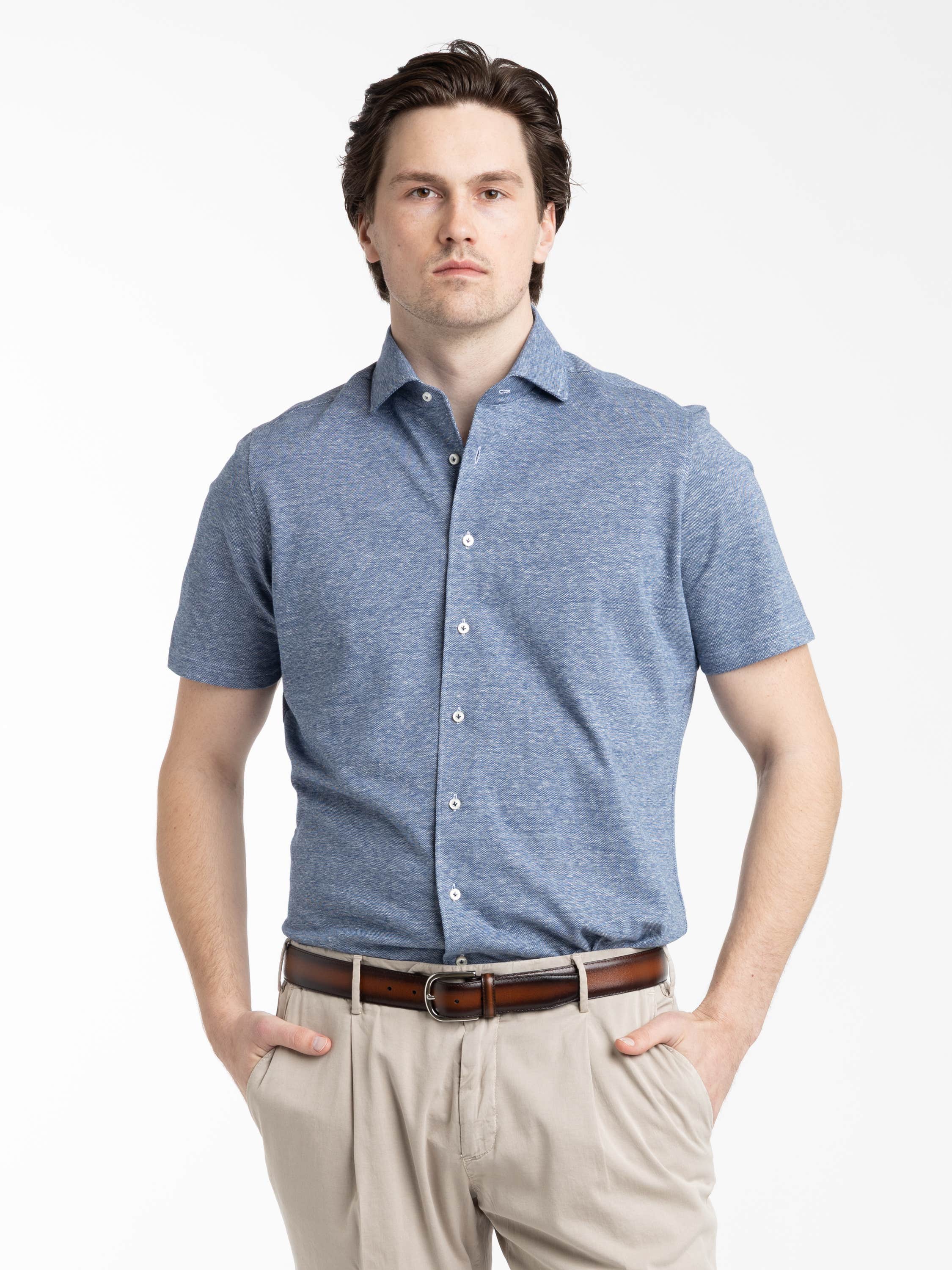 Blue Short Sleeve Jacquard Knit Full Button Shirt