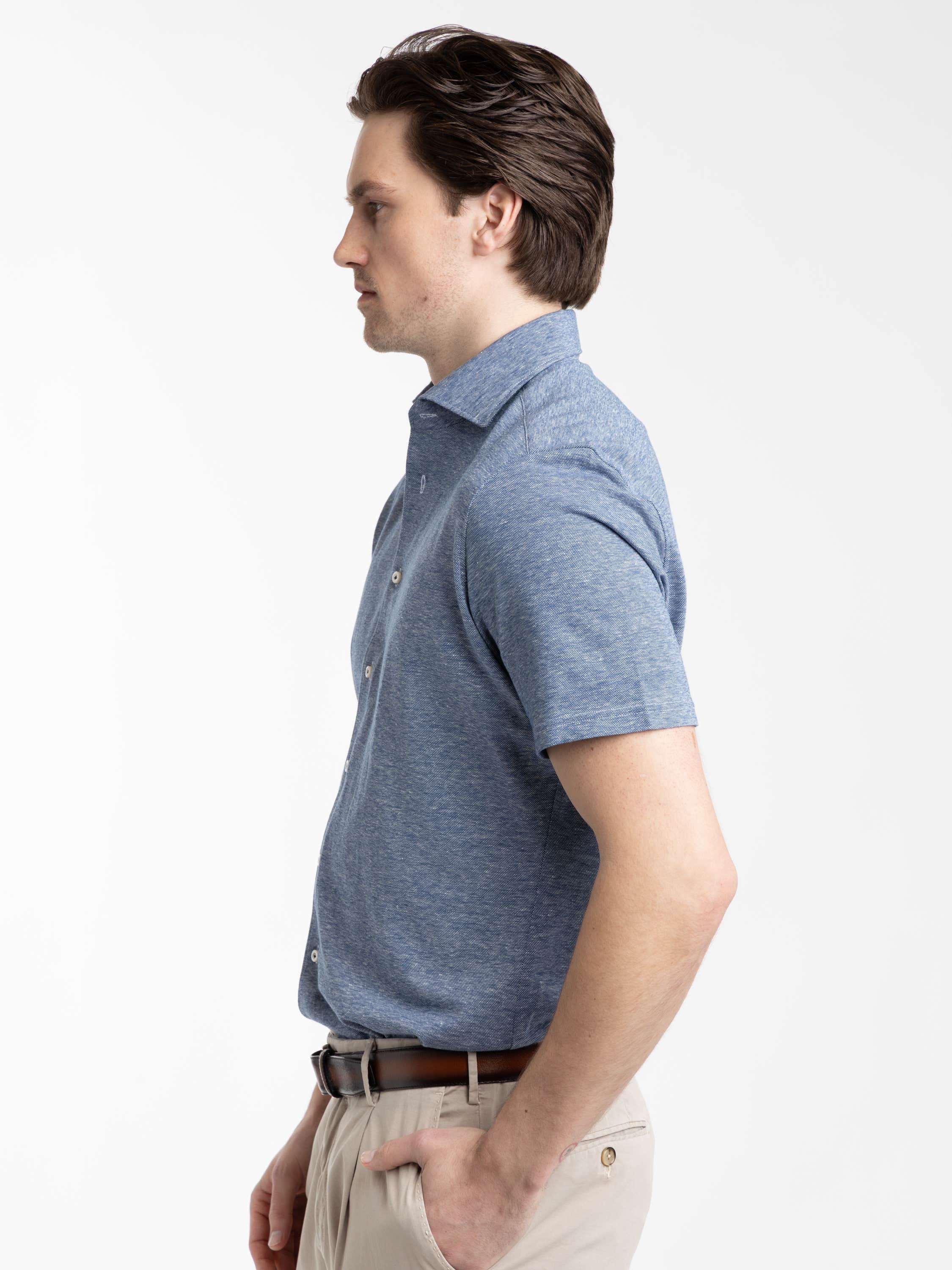 Blue Short Sleeve Jacquard Knit Full Button Shirt