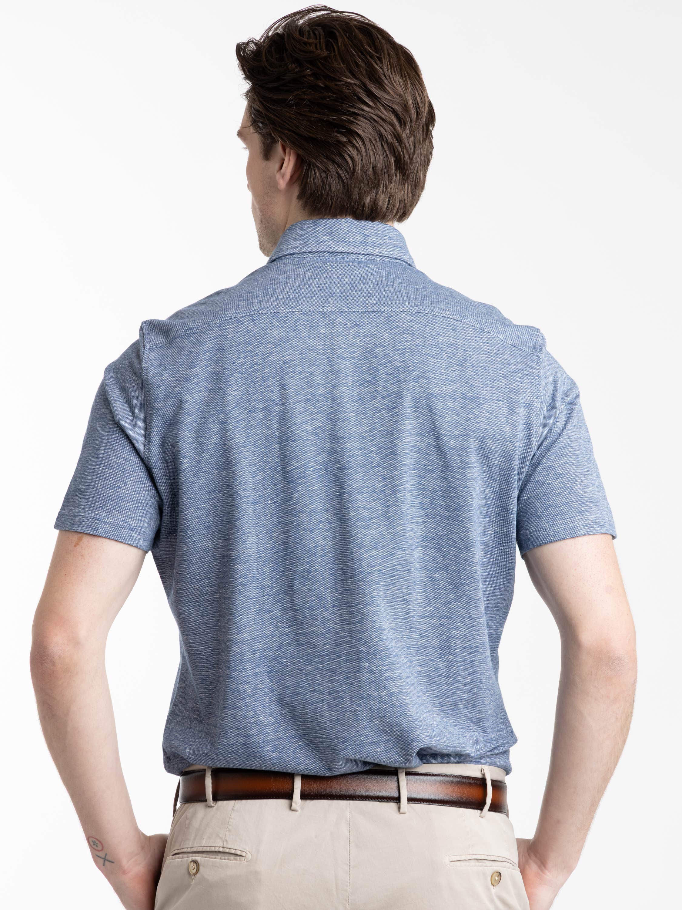 Blue Short Sleeve Jacquard Knit Full Button Shirt