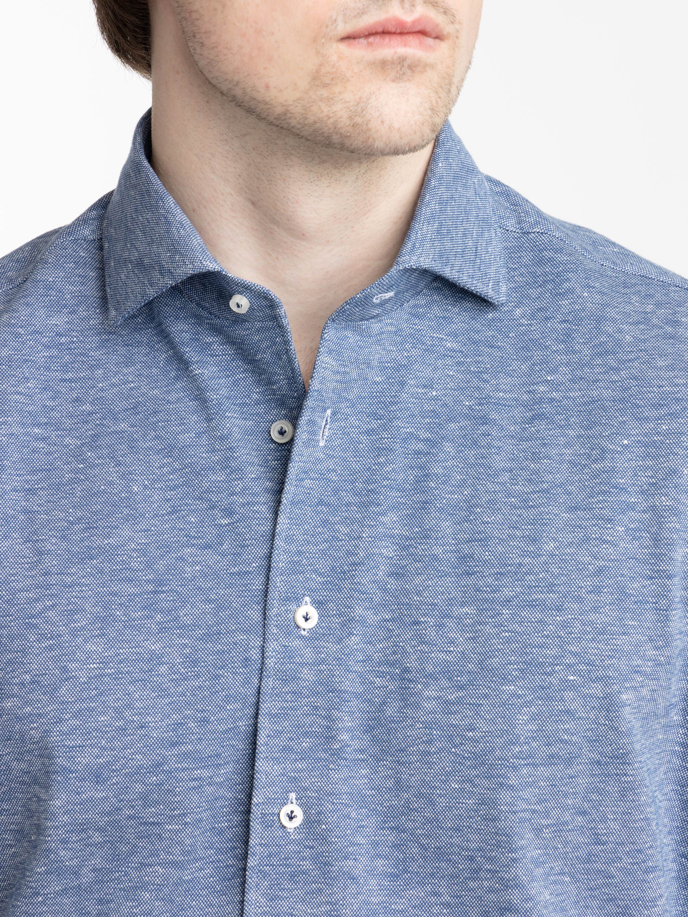 Blue Short Sleeve Jacquard Knit Full Button Shirt