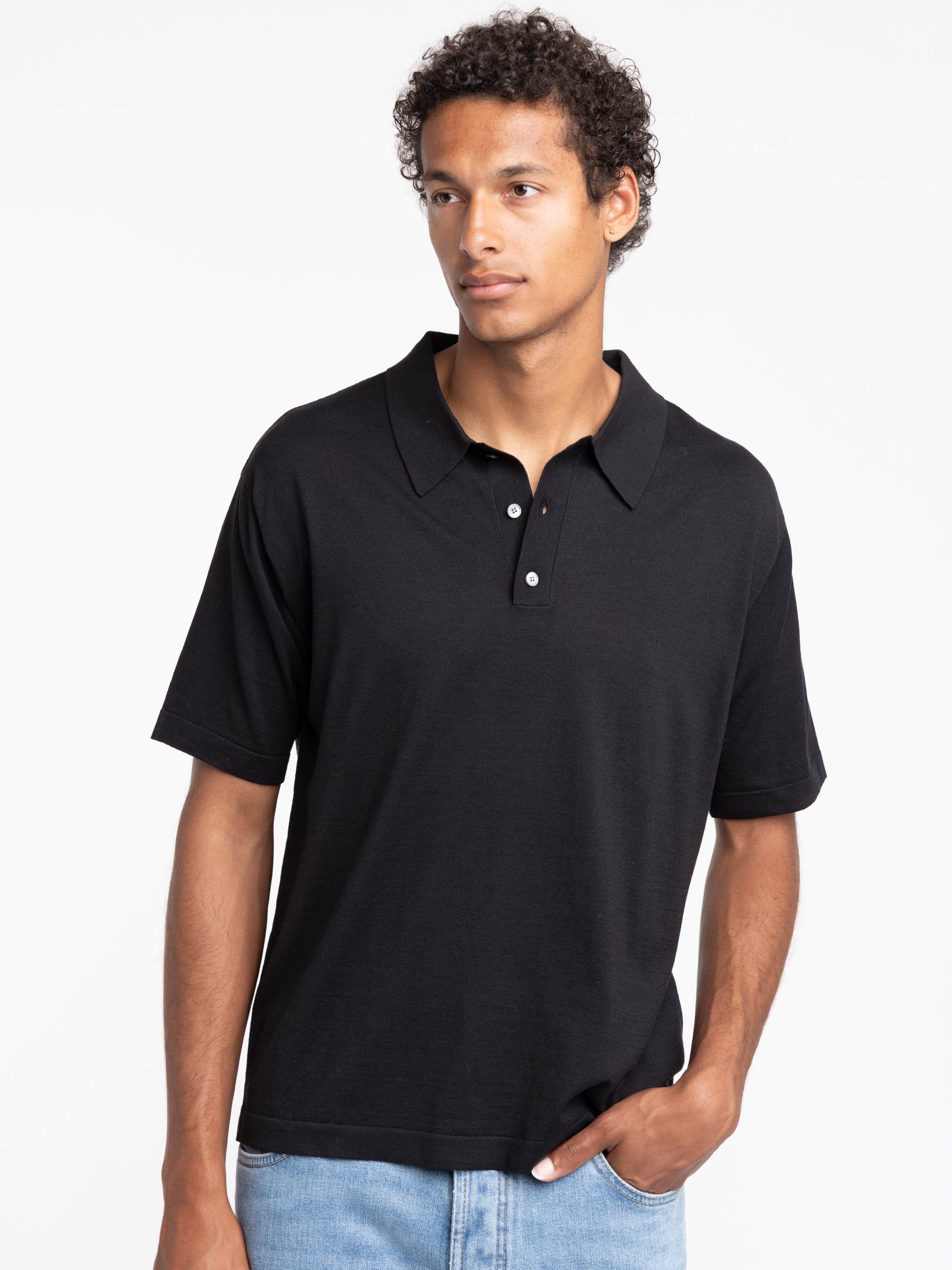 Black Cotton-Silk Polo Shirt