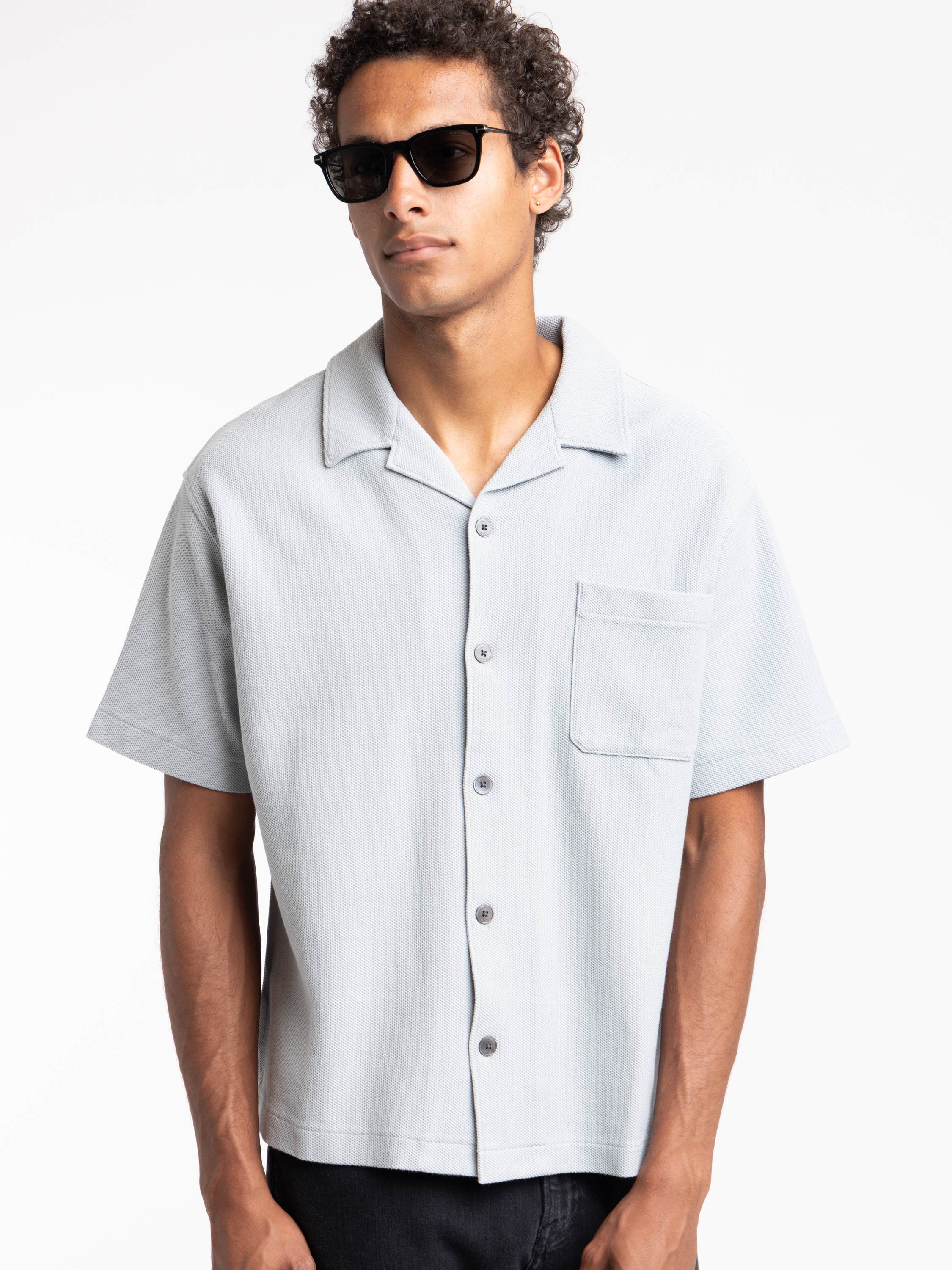 Jacquard Short Sleeve Relaxed Shirt in Grey Blue