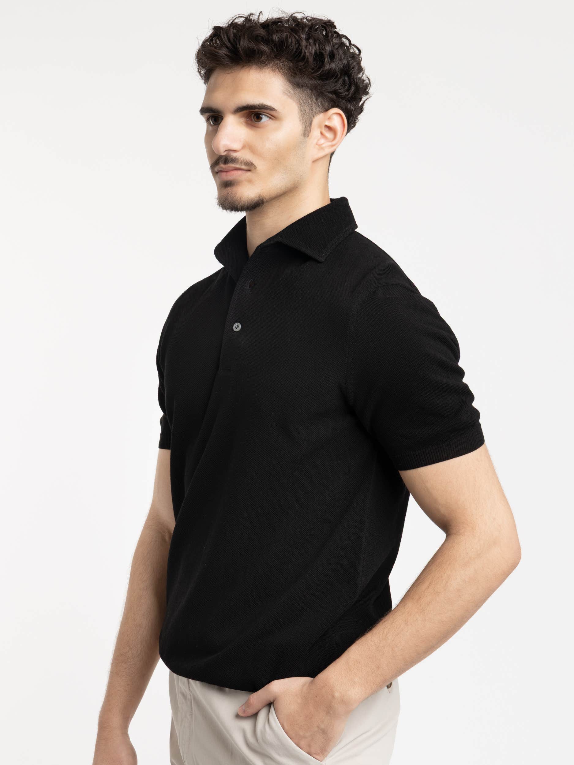Black Cotton Knit Polo Shirt