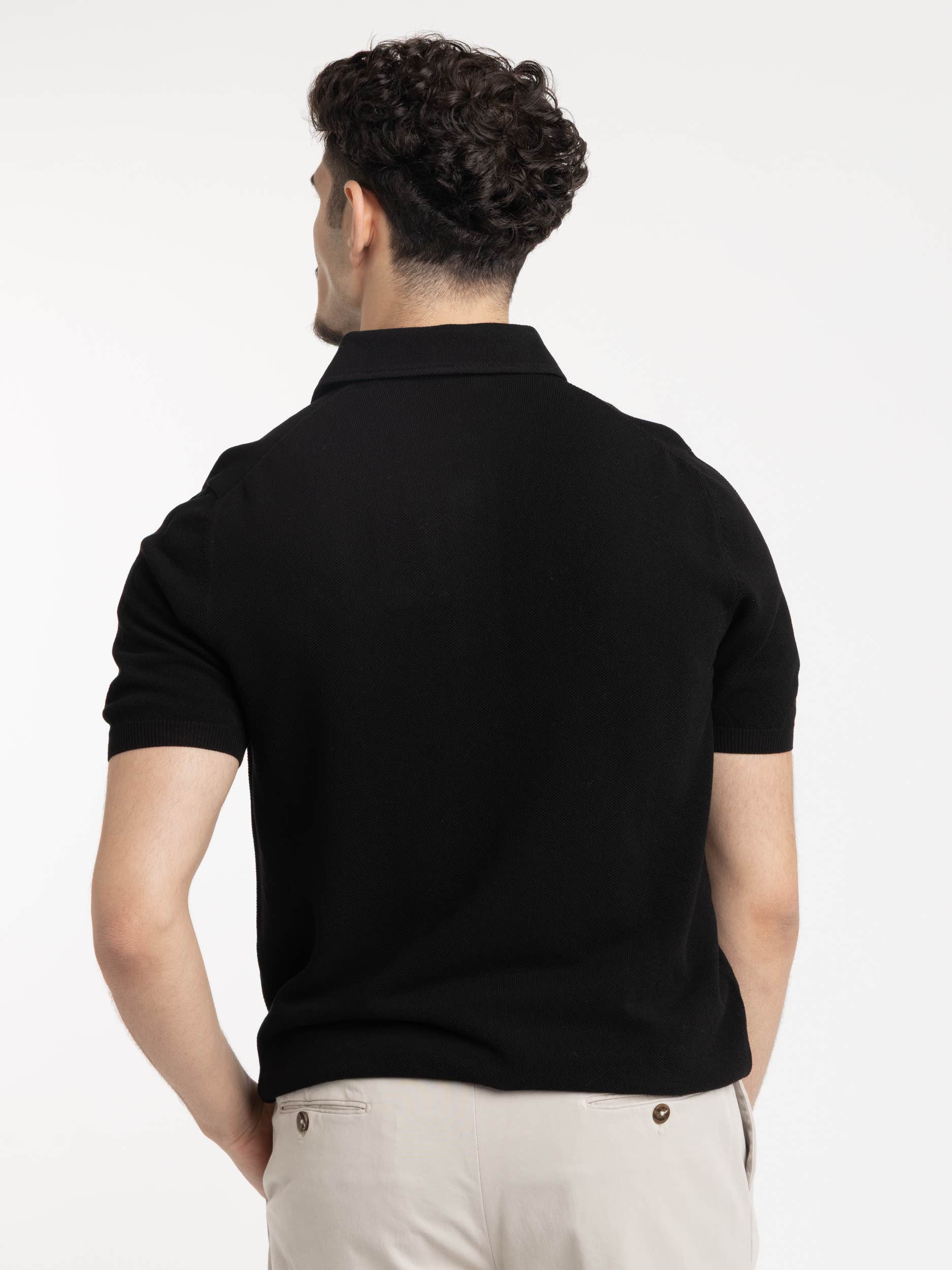 Black Cotton Knit Polo Shirt