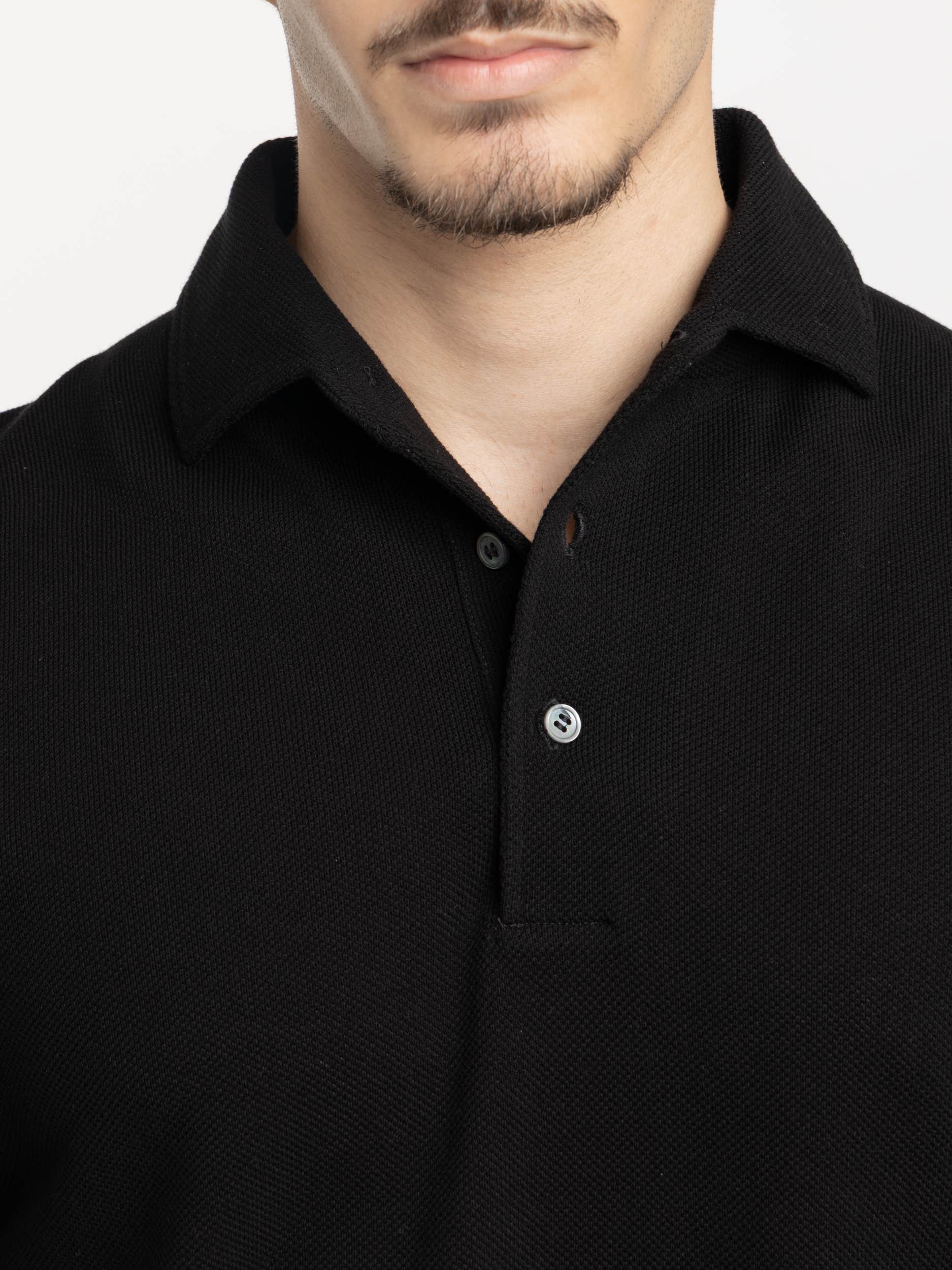 Black Cotton Knit Polo Shirt
