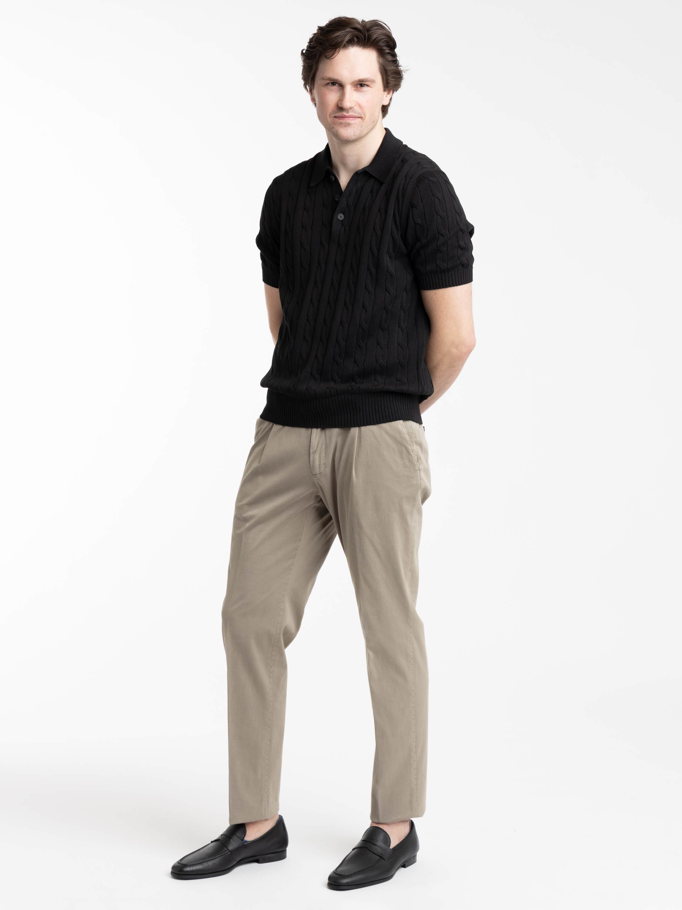 Black Italian Cotton Cable Sweater Polo