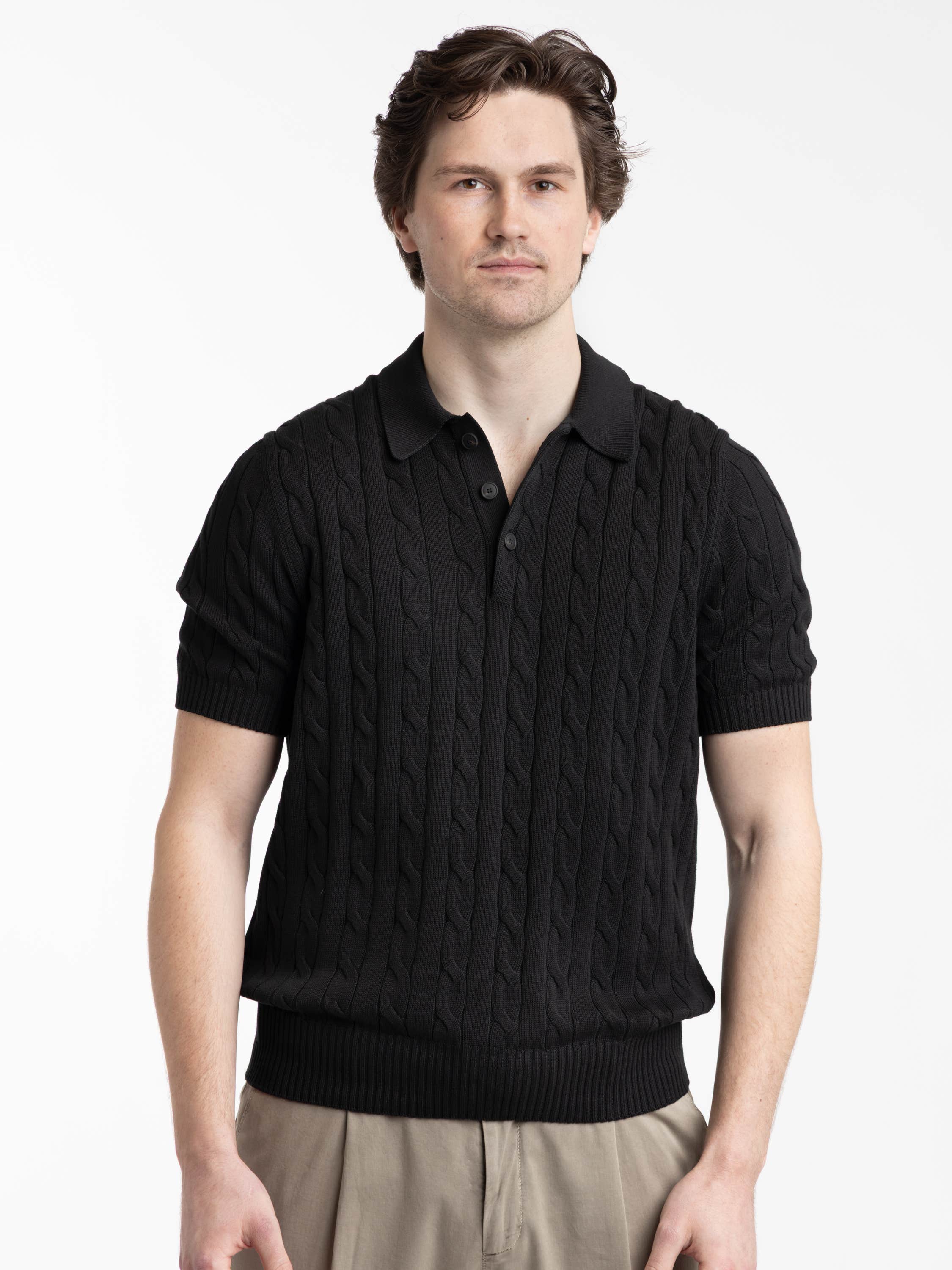 Black Italian Cotton Cable Sweater Polo