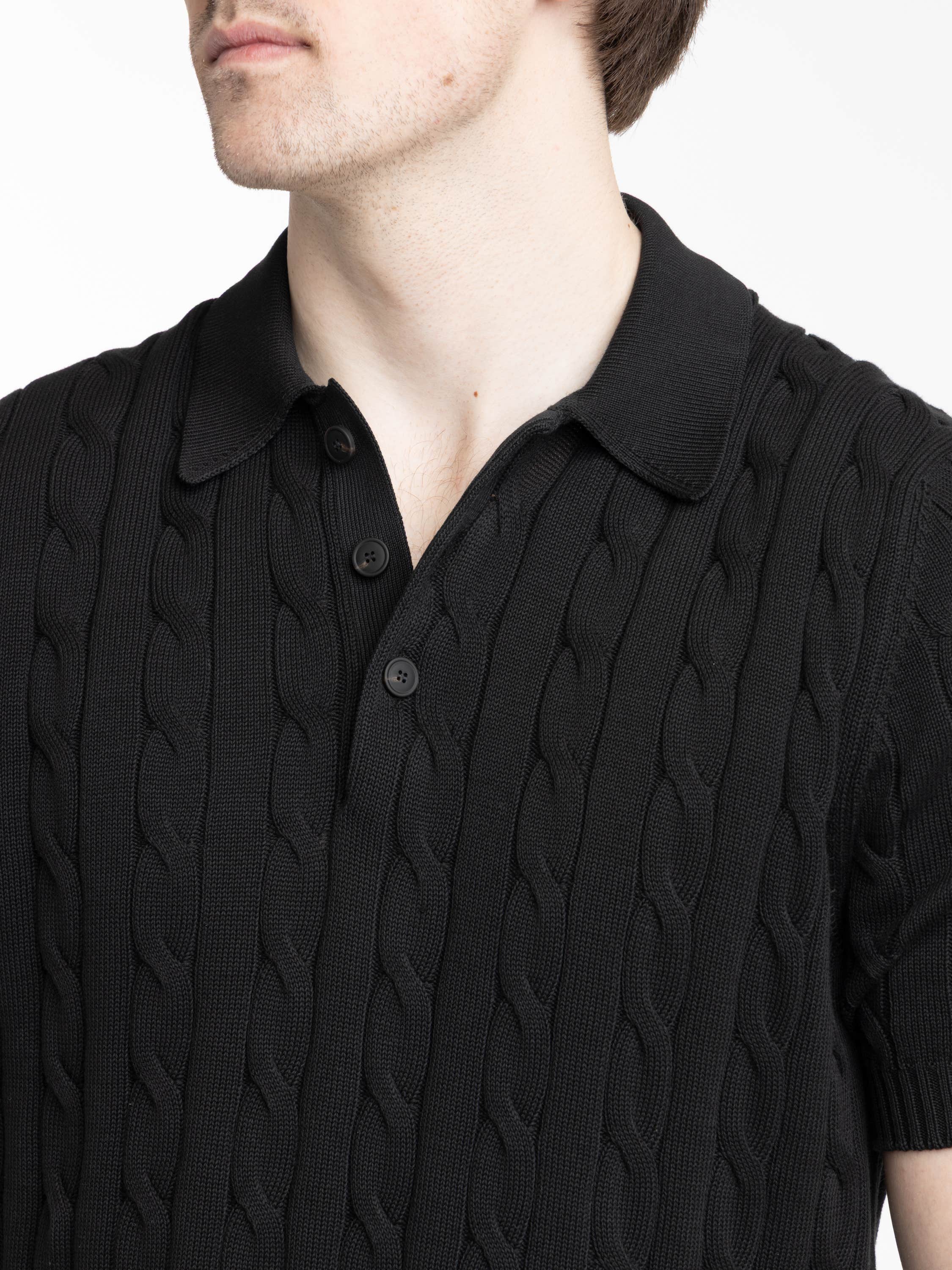 Black Italian Cotton Cable Sweater Polo