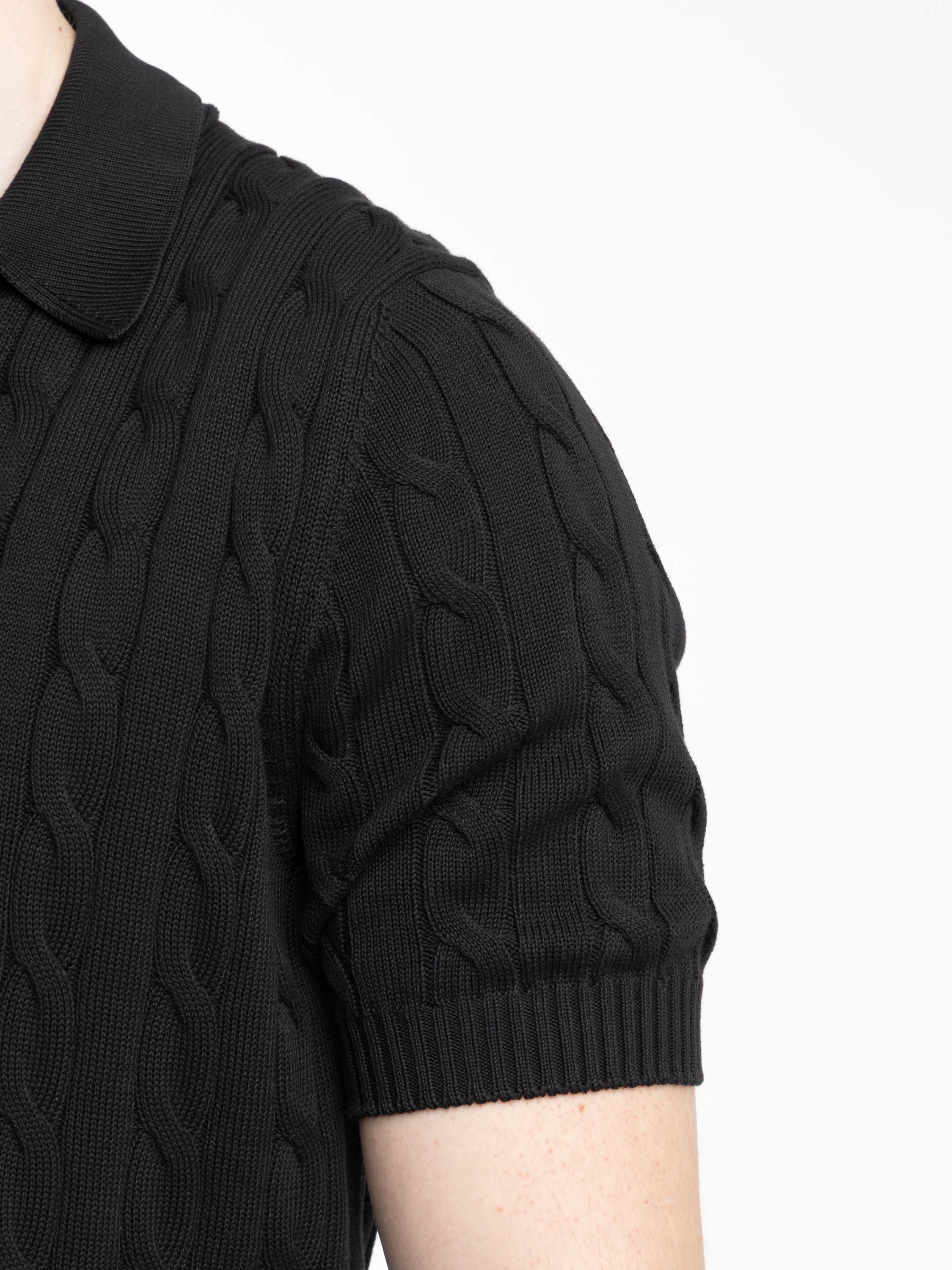 Black Italian Cotton Cable Sweater Polo