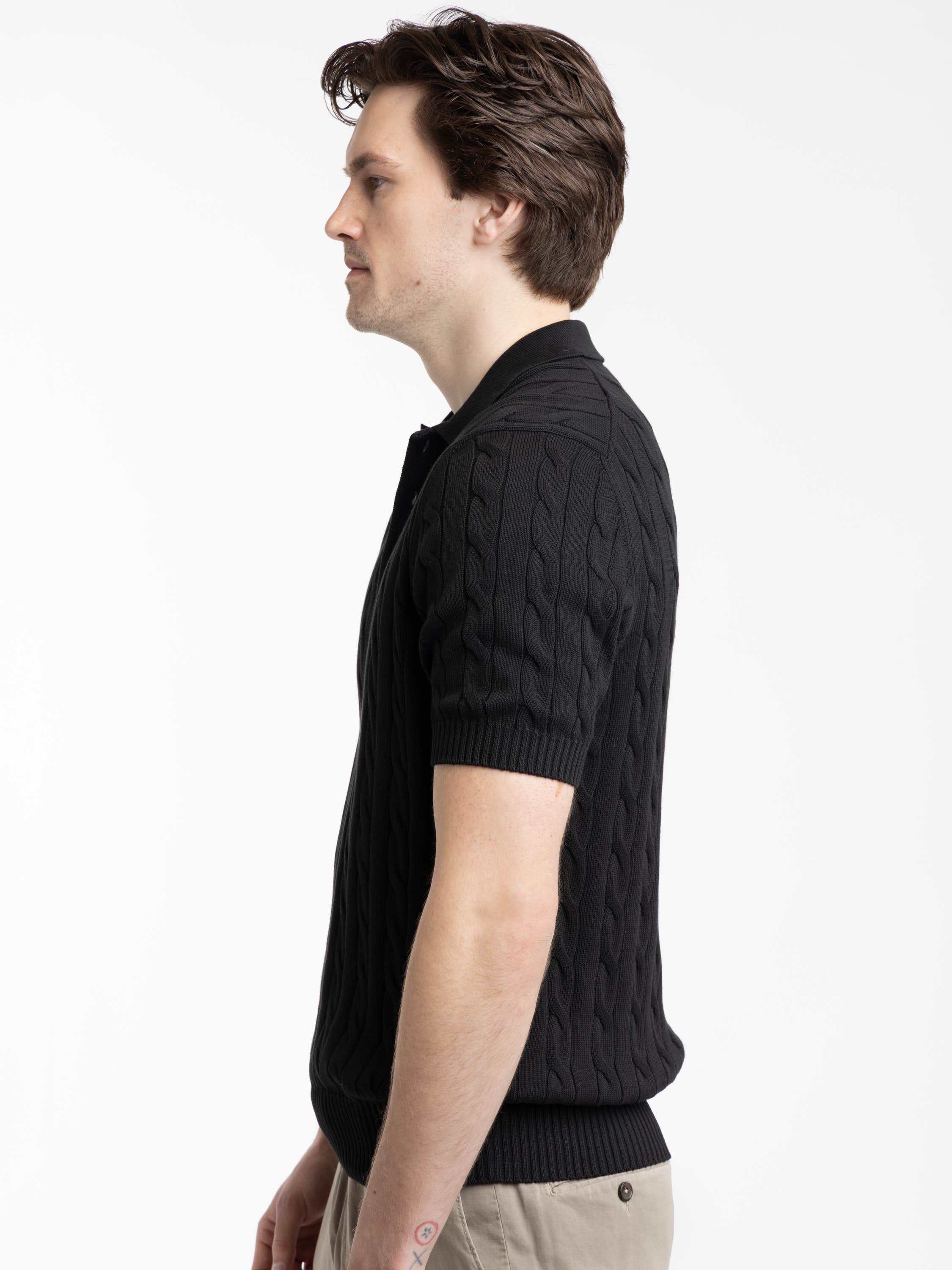 Black Italian Cotton Cable Sweater Polo