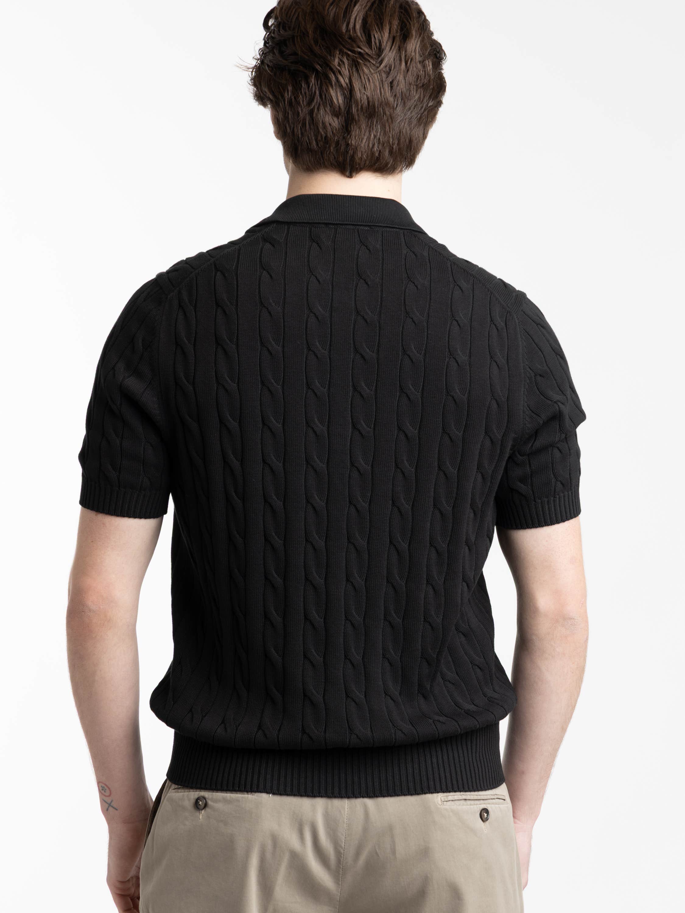 Black Italian Cotton Cable Sweater Polo