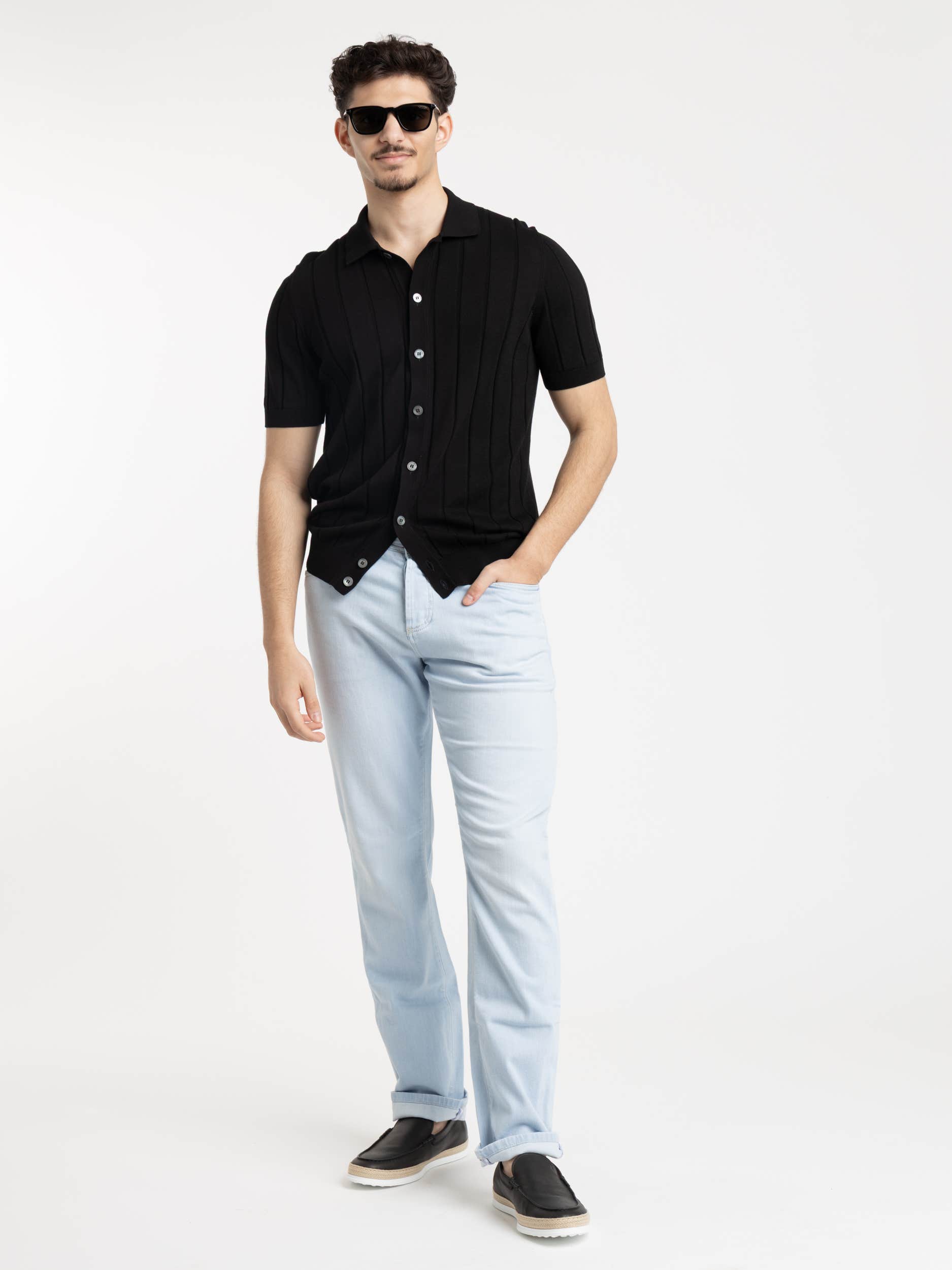 Black Ribbed Full Botton Polo Shirt