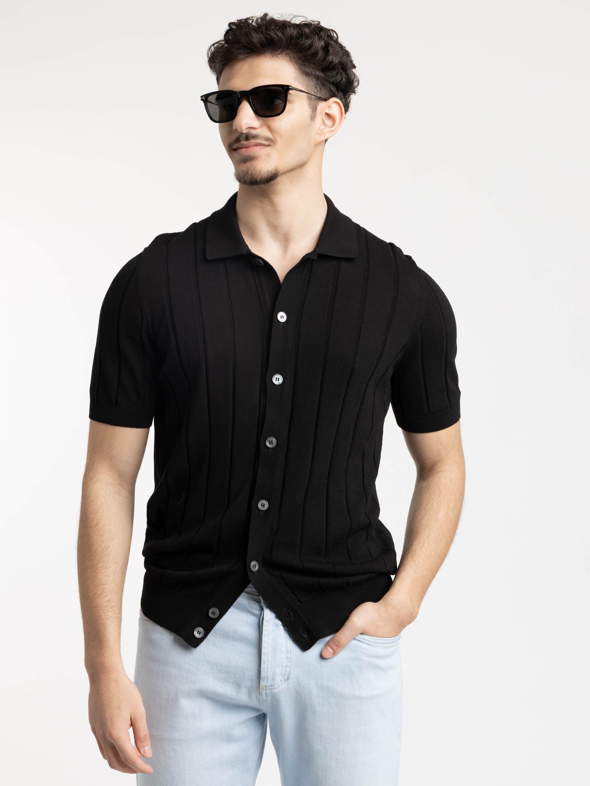 Black Ribbed Full Botton Polo Shirt