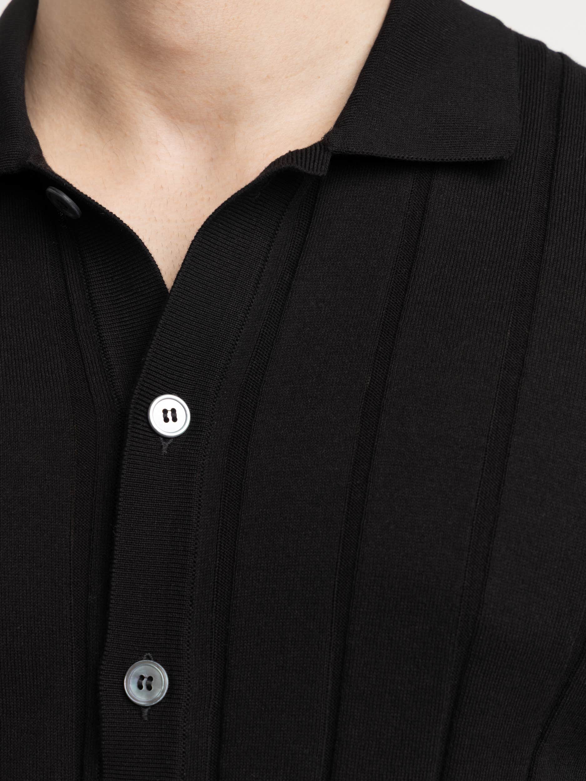 Black Ribbed Full Botton Polo Shirt