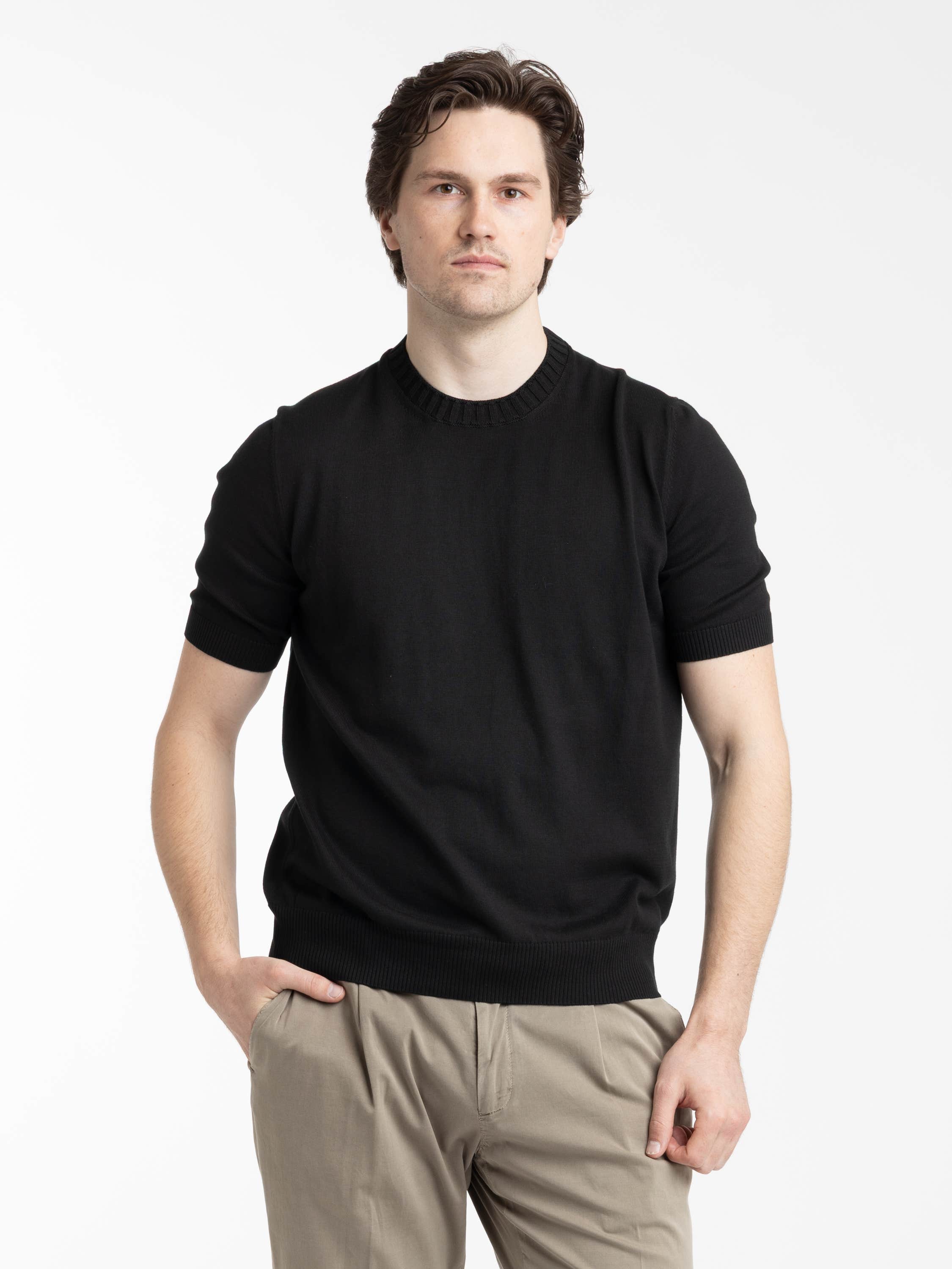 Black Ribbed Neck Knit T-Shirt