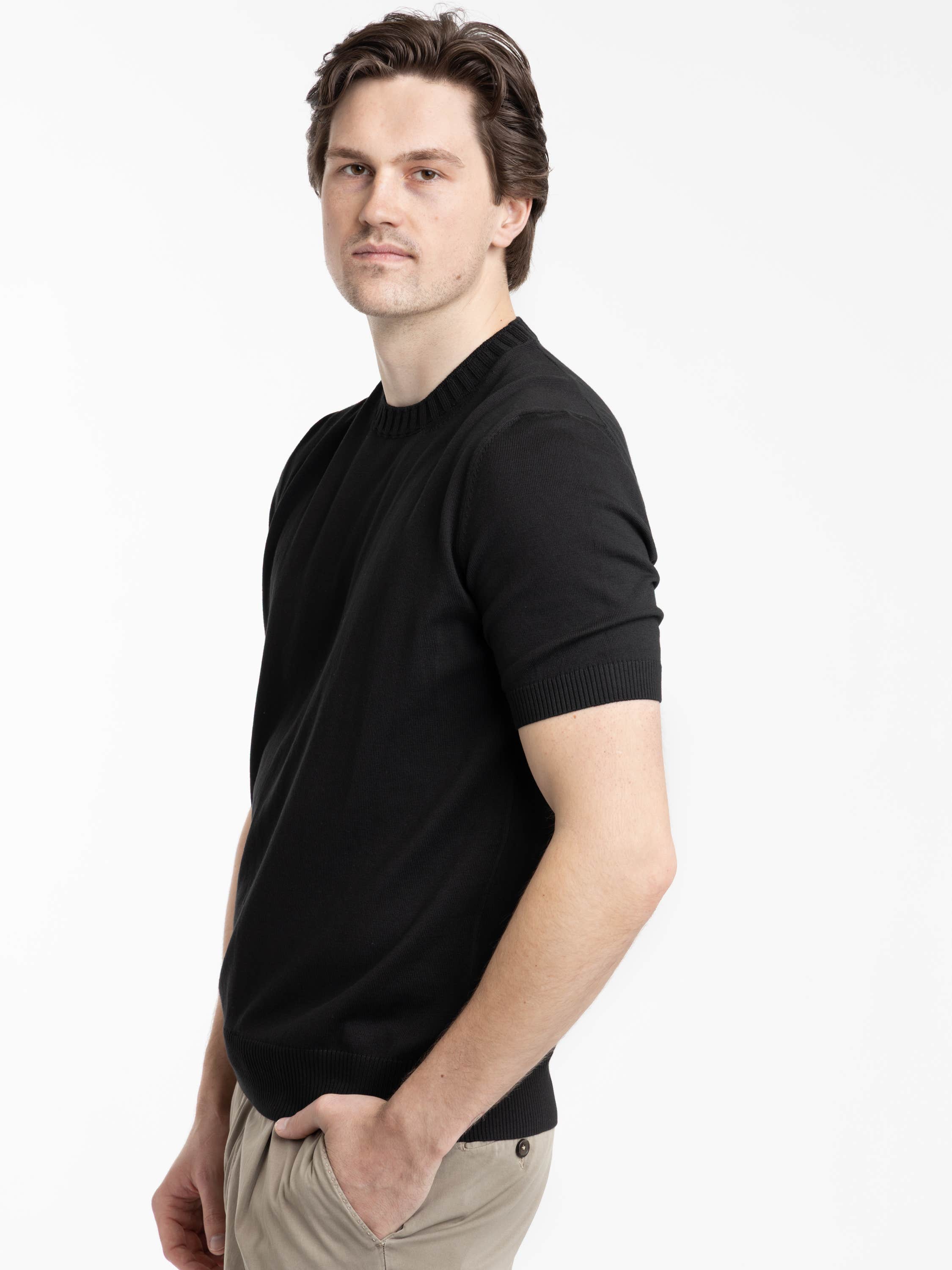 Black Ribbed Neck Knit T-Shirt