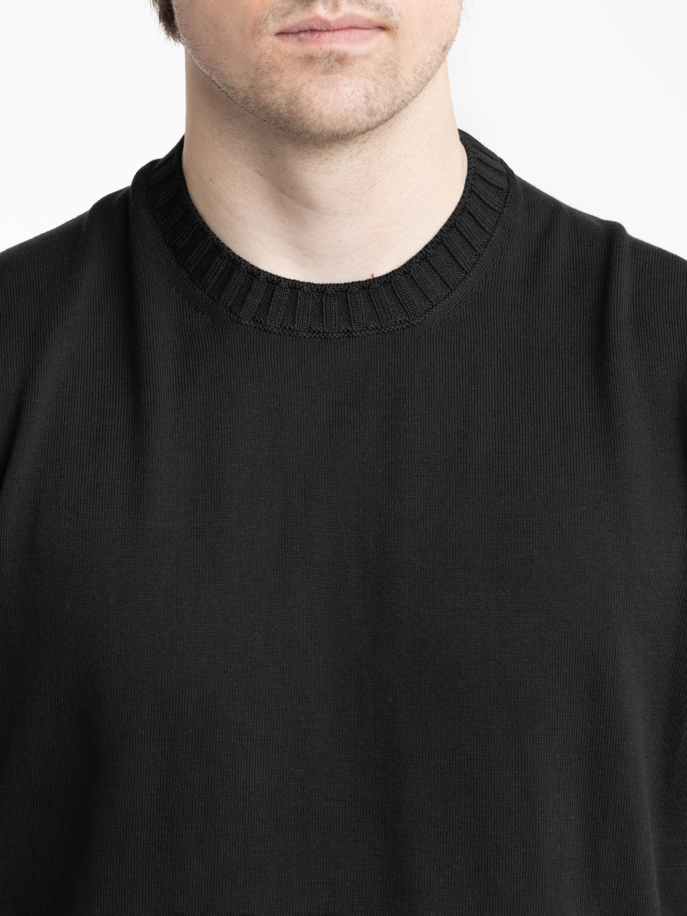 Black Ribbed Neck Knit T-Shirt