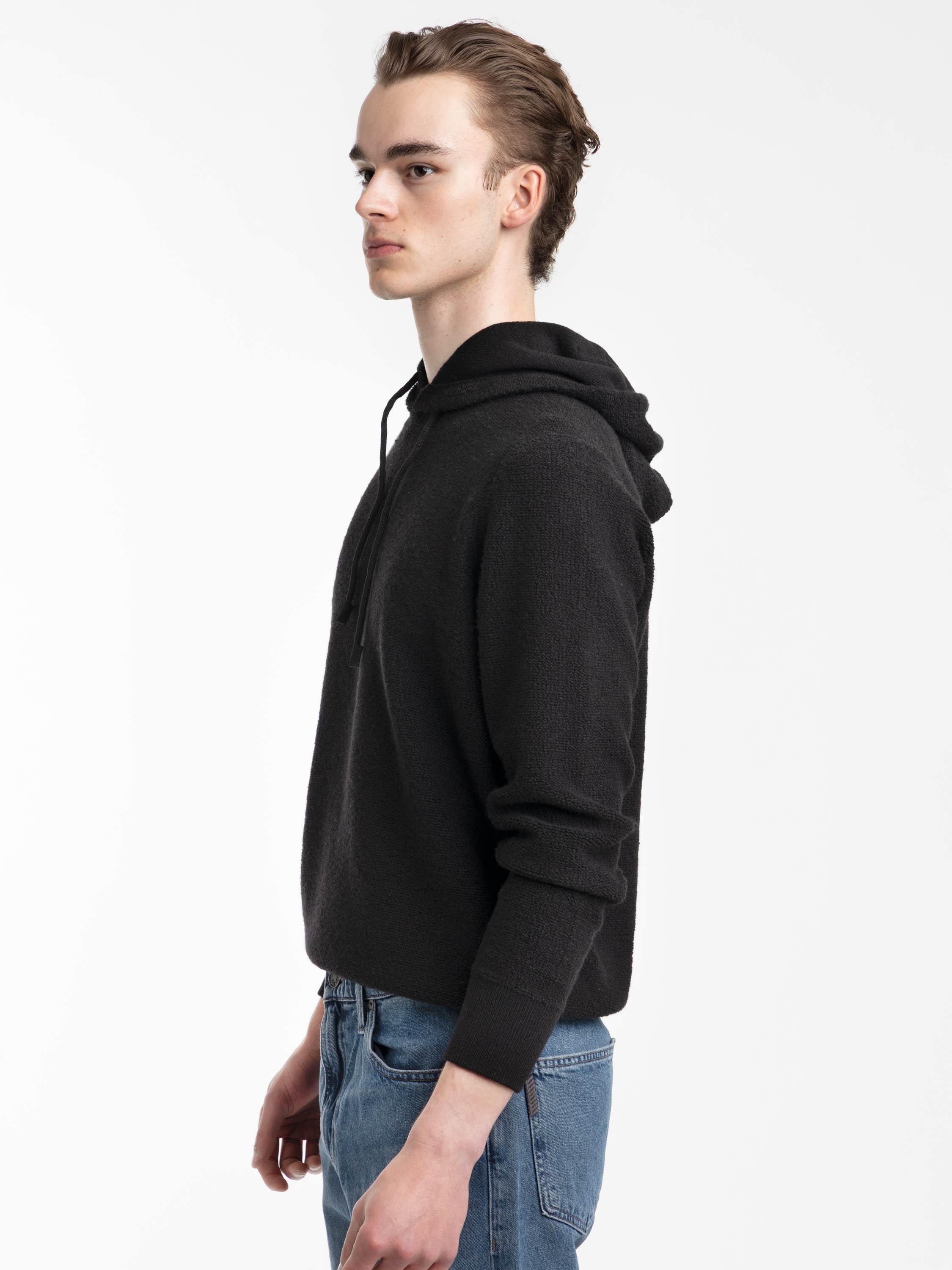 Black Wool-Cashmere Fur Stitch Knit Hoodie