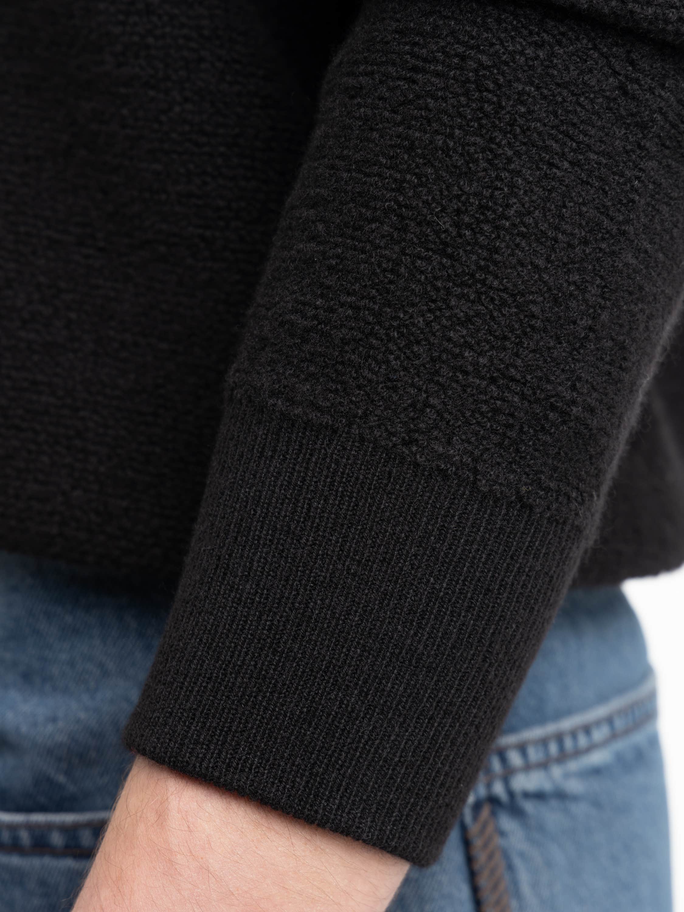 Black Wool-Cashmere Fur Stitch Knit Hoodie