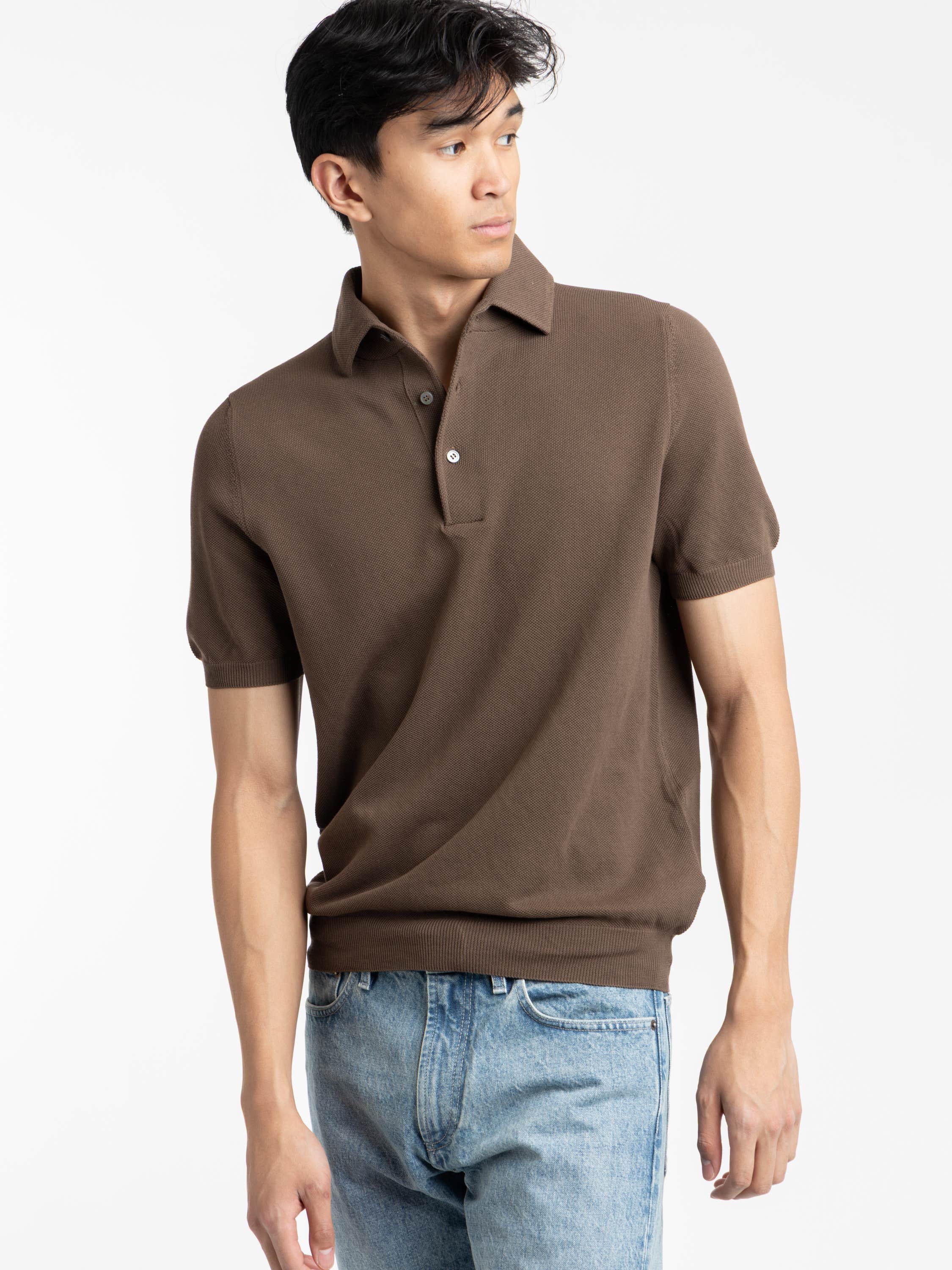 Brown Short Sleeved Knitted Polo Shirt