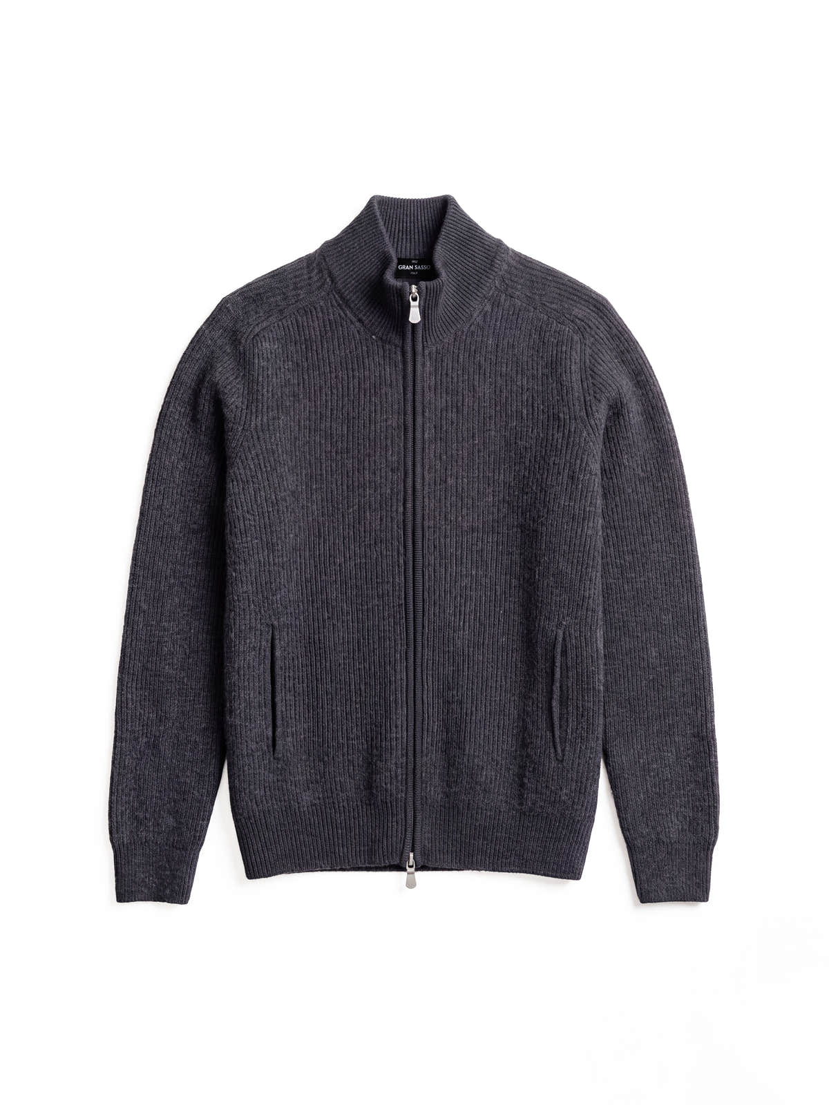 Charcoal Dark Grey Rib-Stitch Cashmere Full-Zip Cardigan