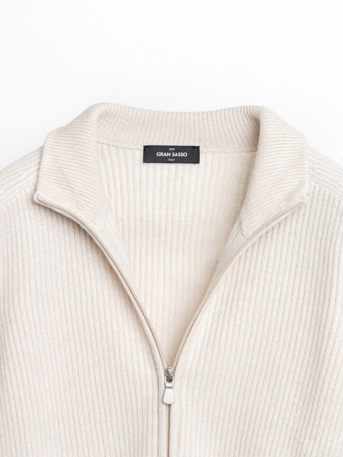Cream Pearl Rib Stitch Cashmere Full Zip Cardigan