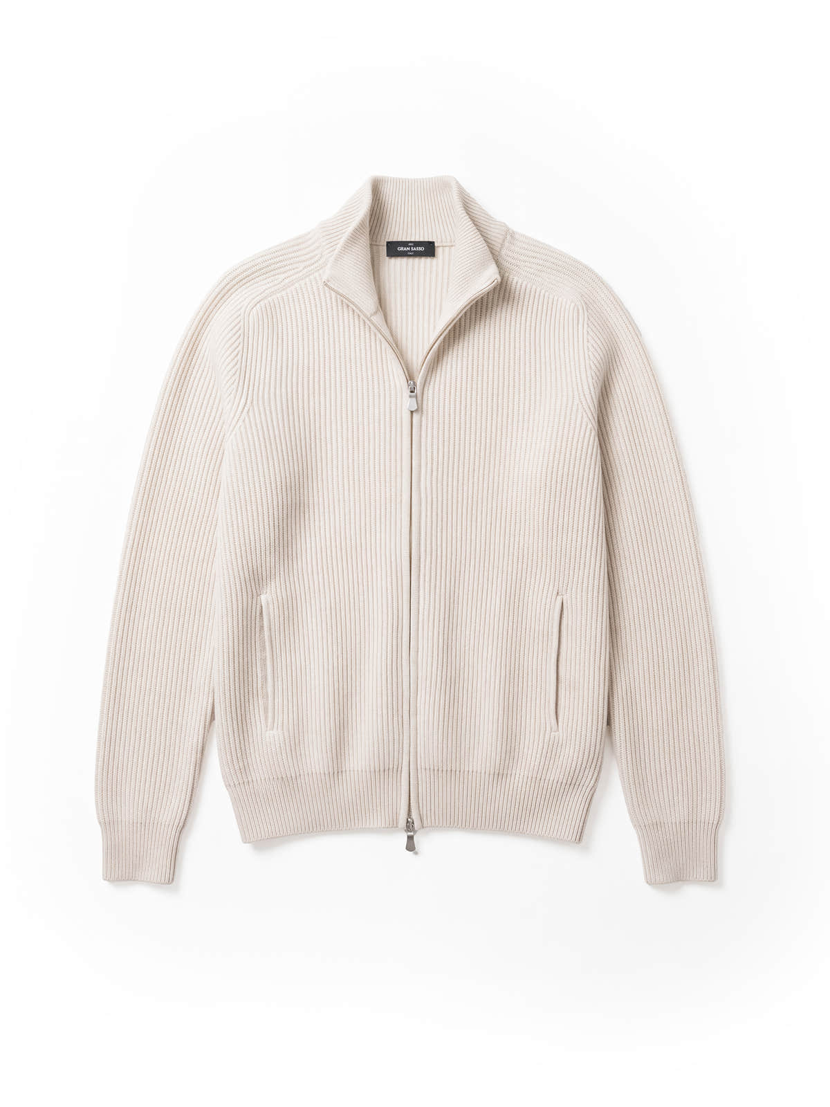 Cream Pearl Rib Stitch Cashmere Full Zip Cardigan