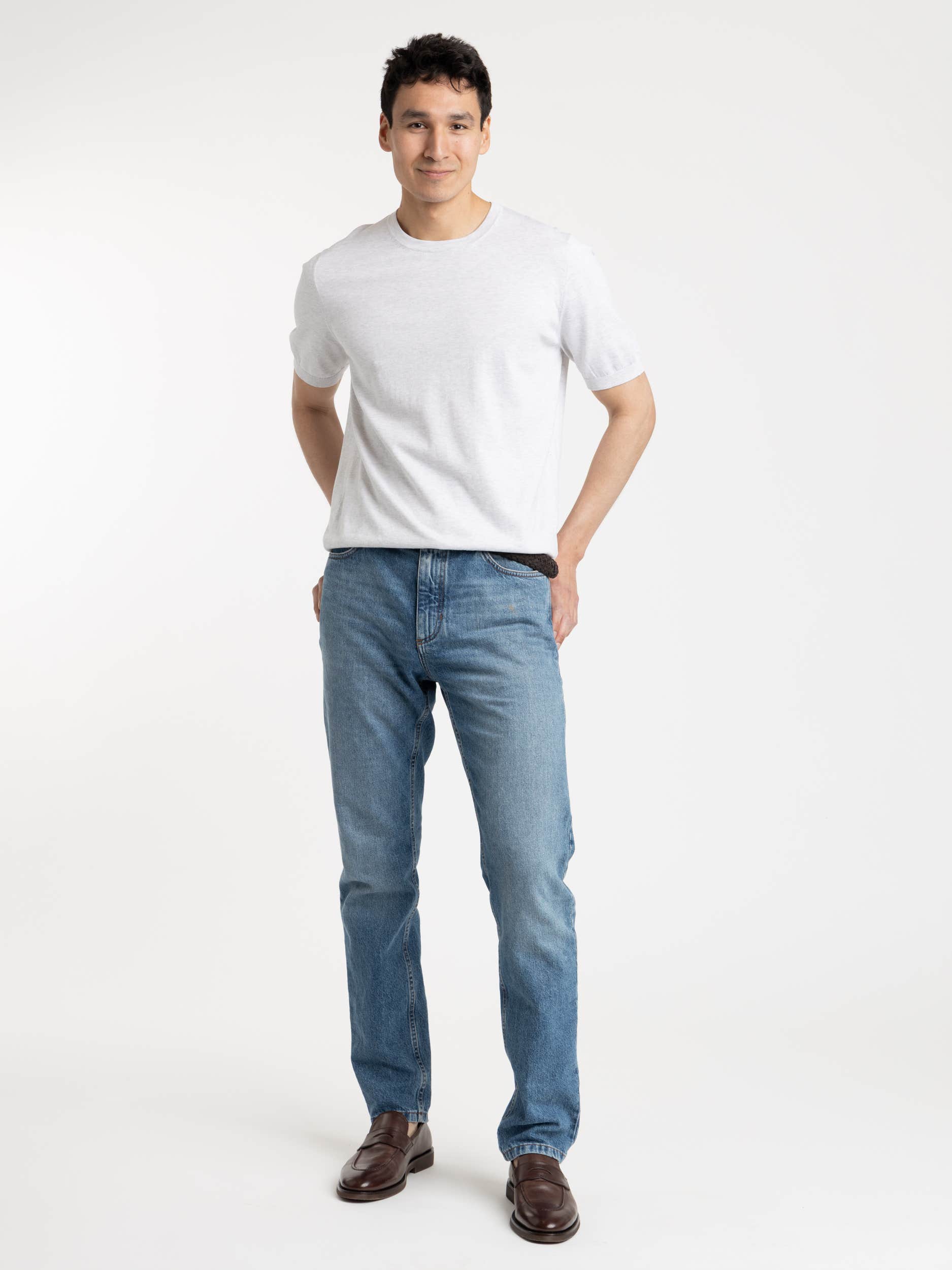 Ribbed Crewneck Knit T-Shirt in Grey