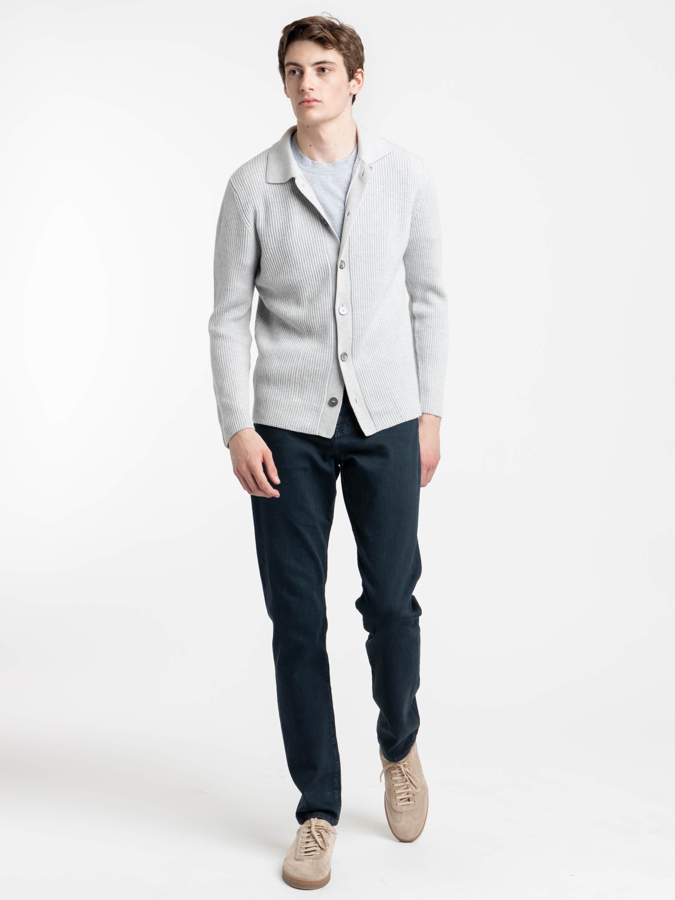Grey Long Sleeved Full Button Polo Sweater