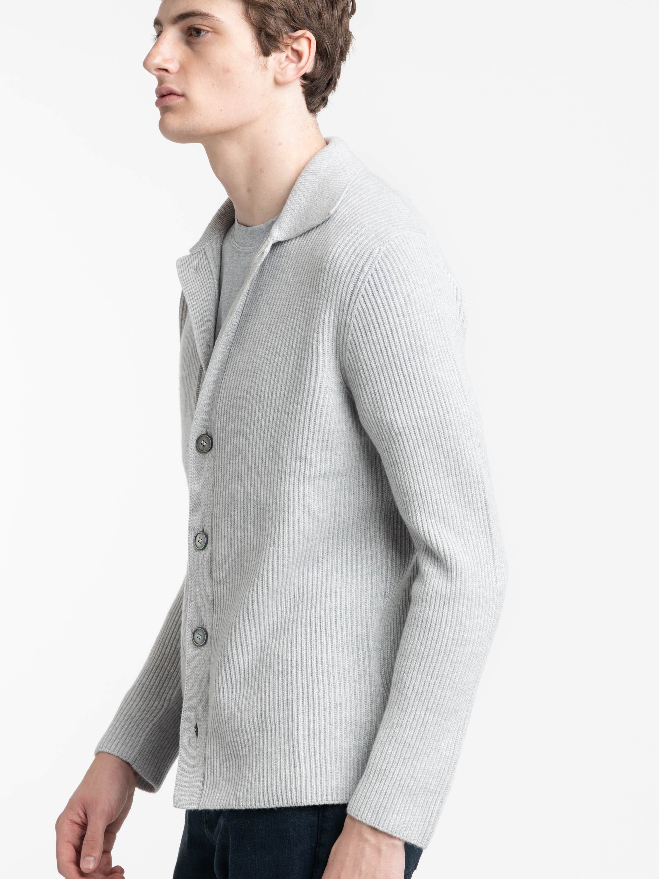 Grey Long Sleeved Full Button Polo Sweater
