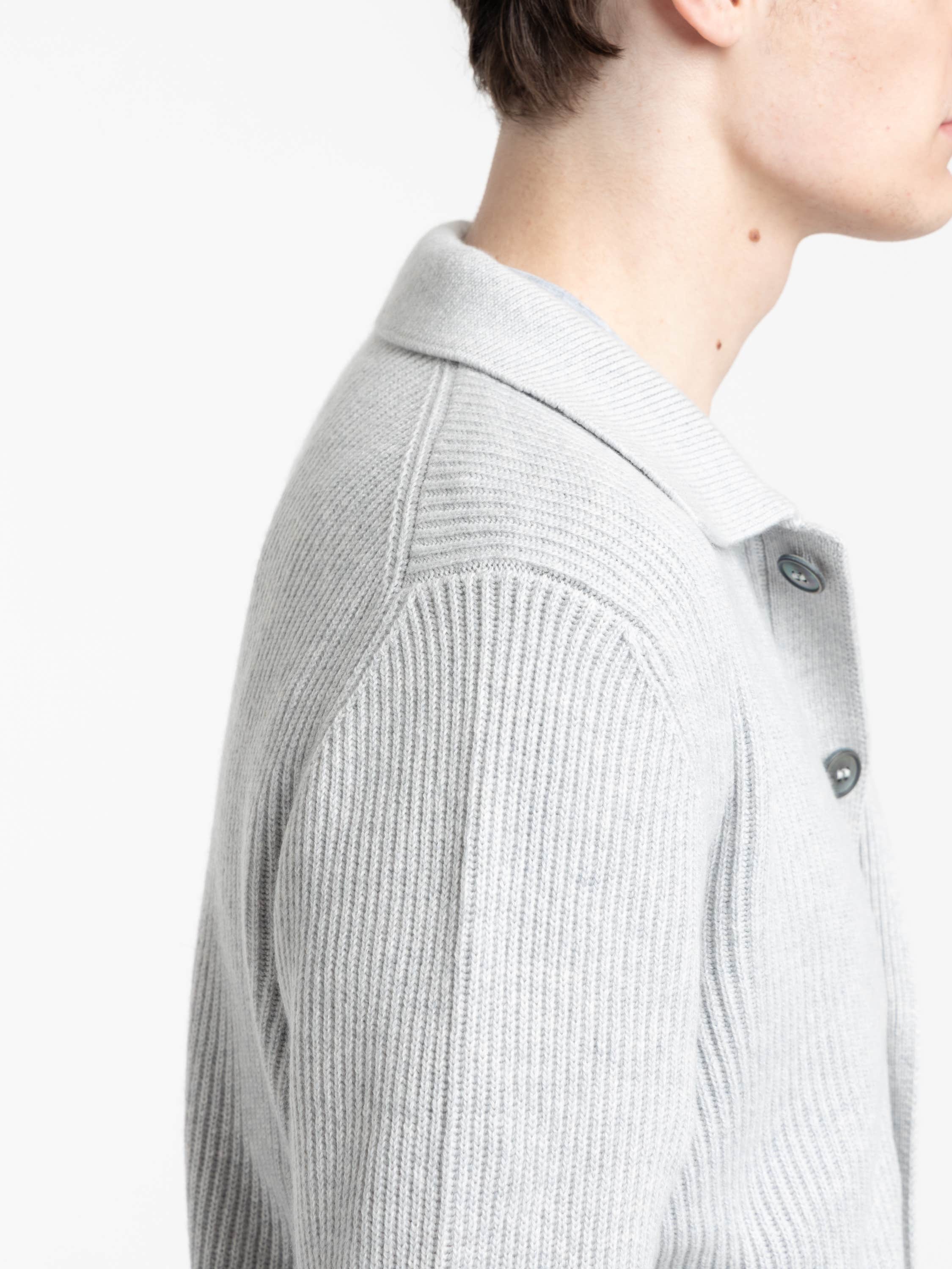 Grey Long Sleeved Full Button Polo Sweater