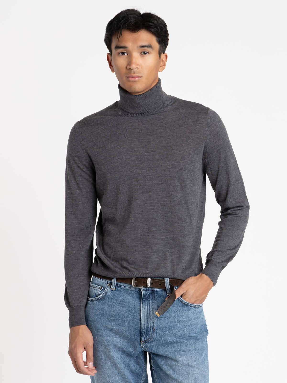 Grey Wool Turtle Neck Knit Shirt