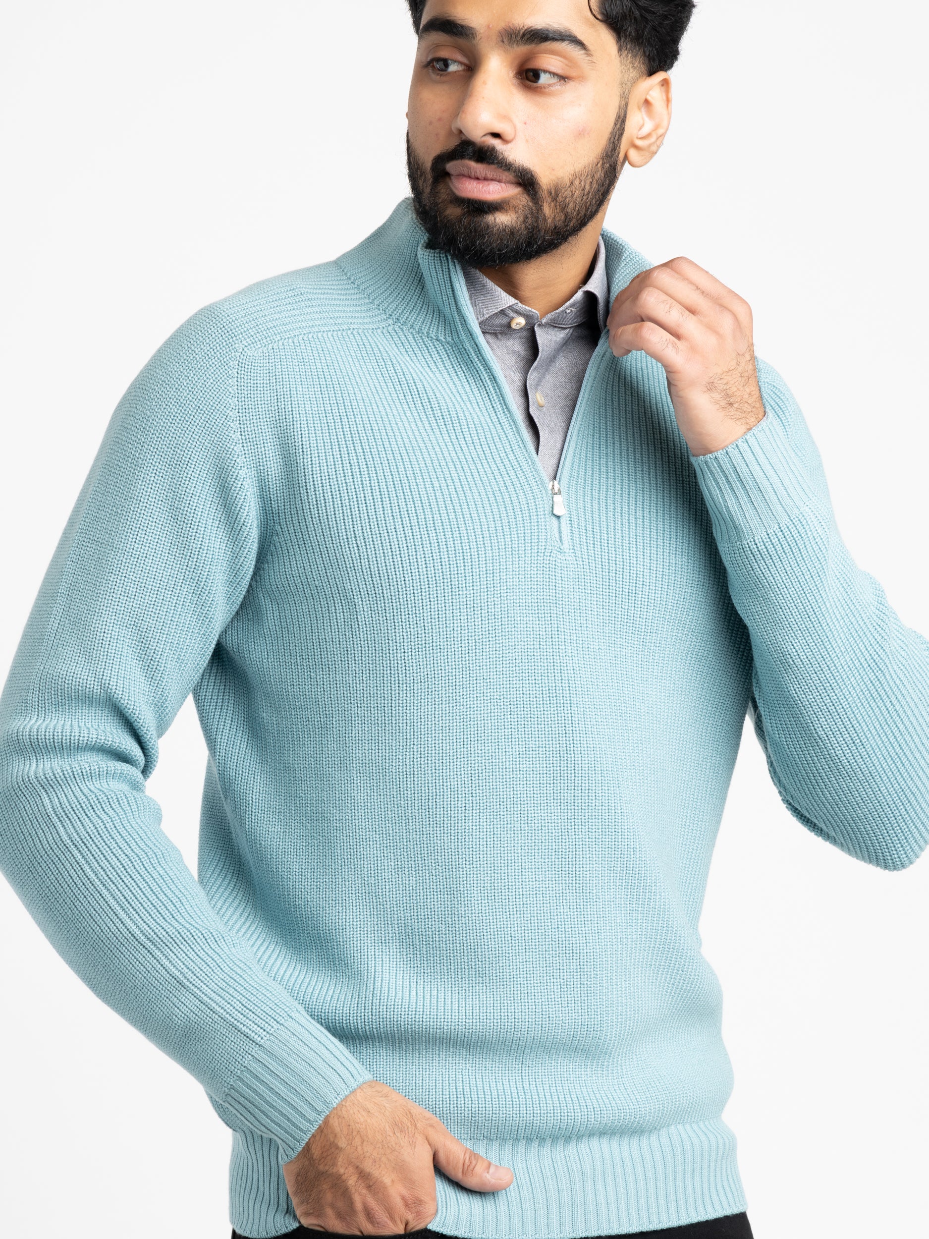 Light Blue Rainwool Quarter Zip Pullover Sweater The Helm Clothing