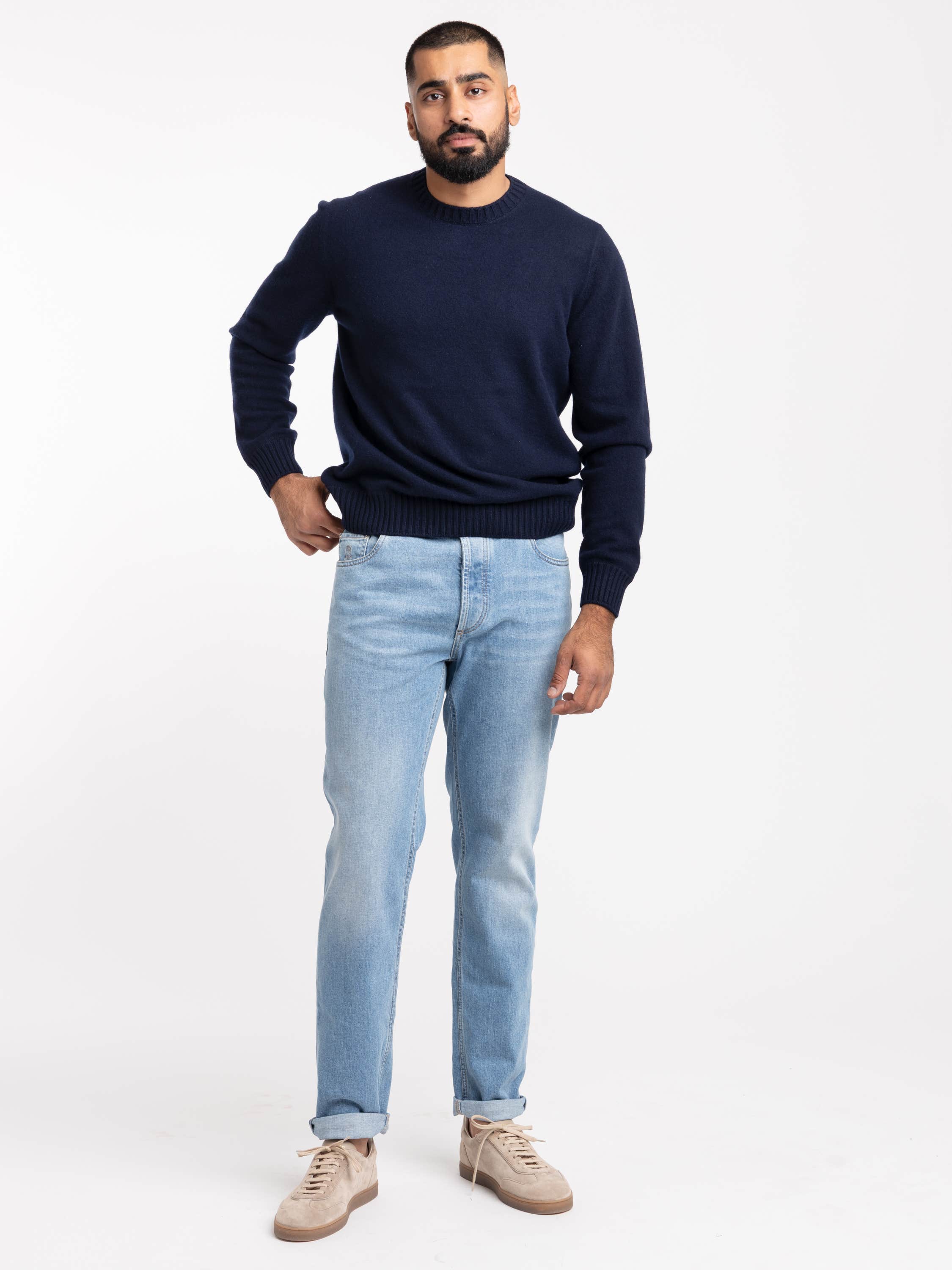 Navy Crewneck Long Sleeve Cashmere Sweater