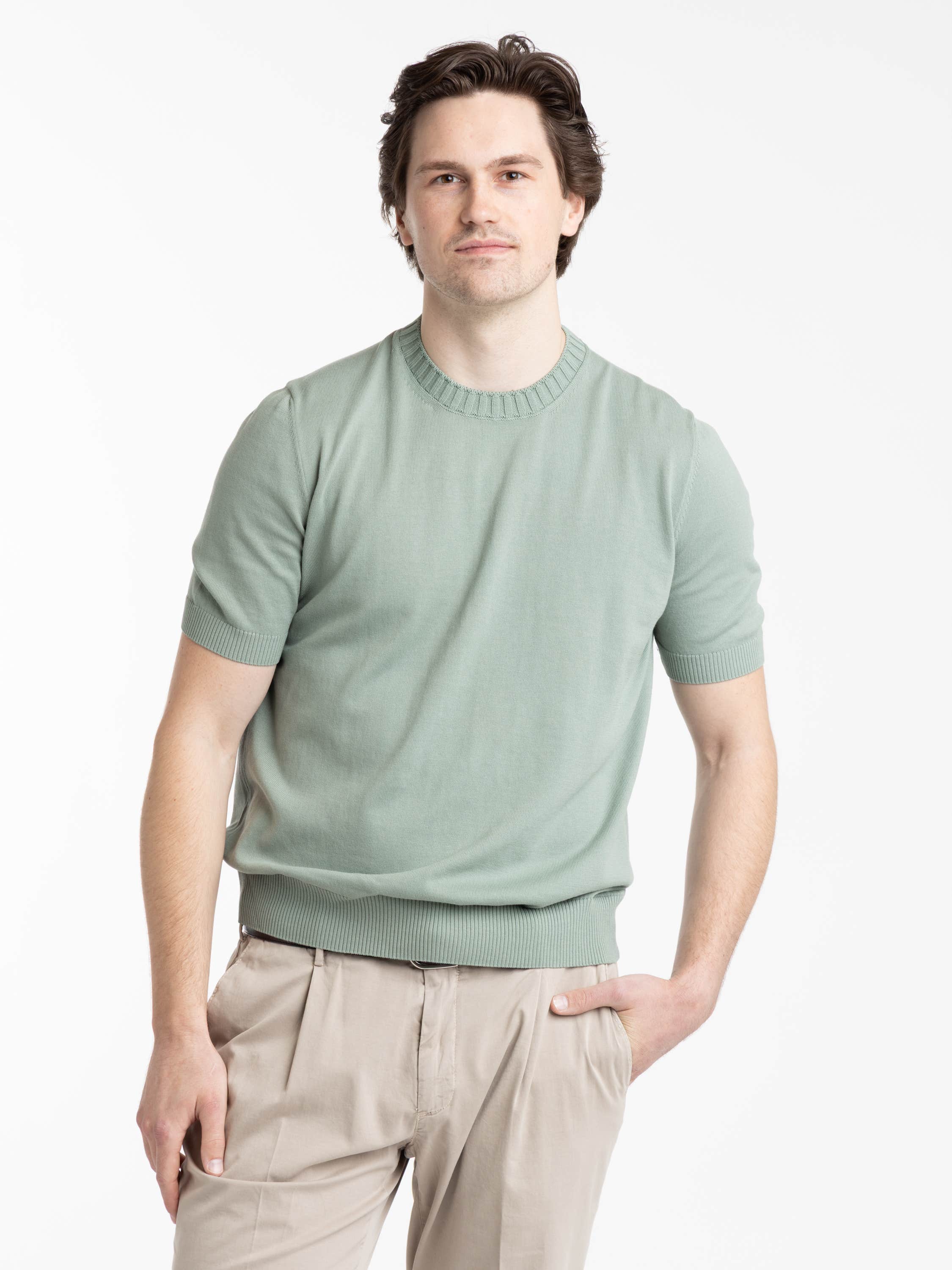 Sage Green Ribbed Neck Knit-Shirt