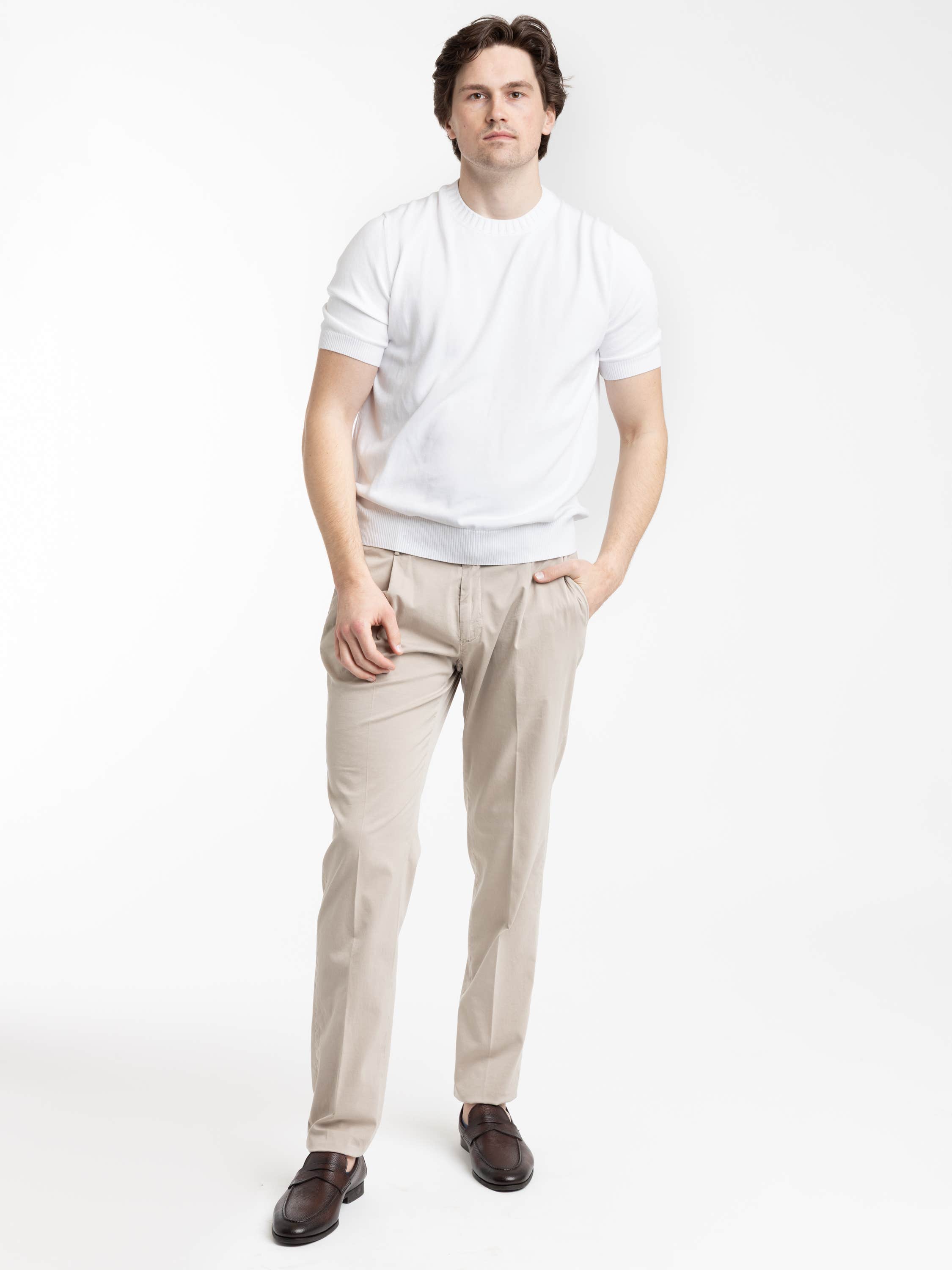 White Ribbed Neck Knit T-Shirt
