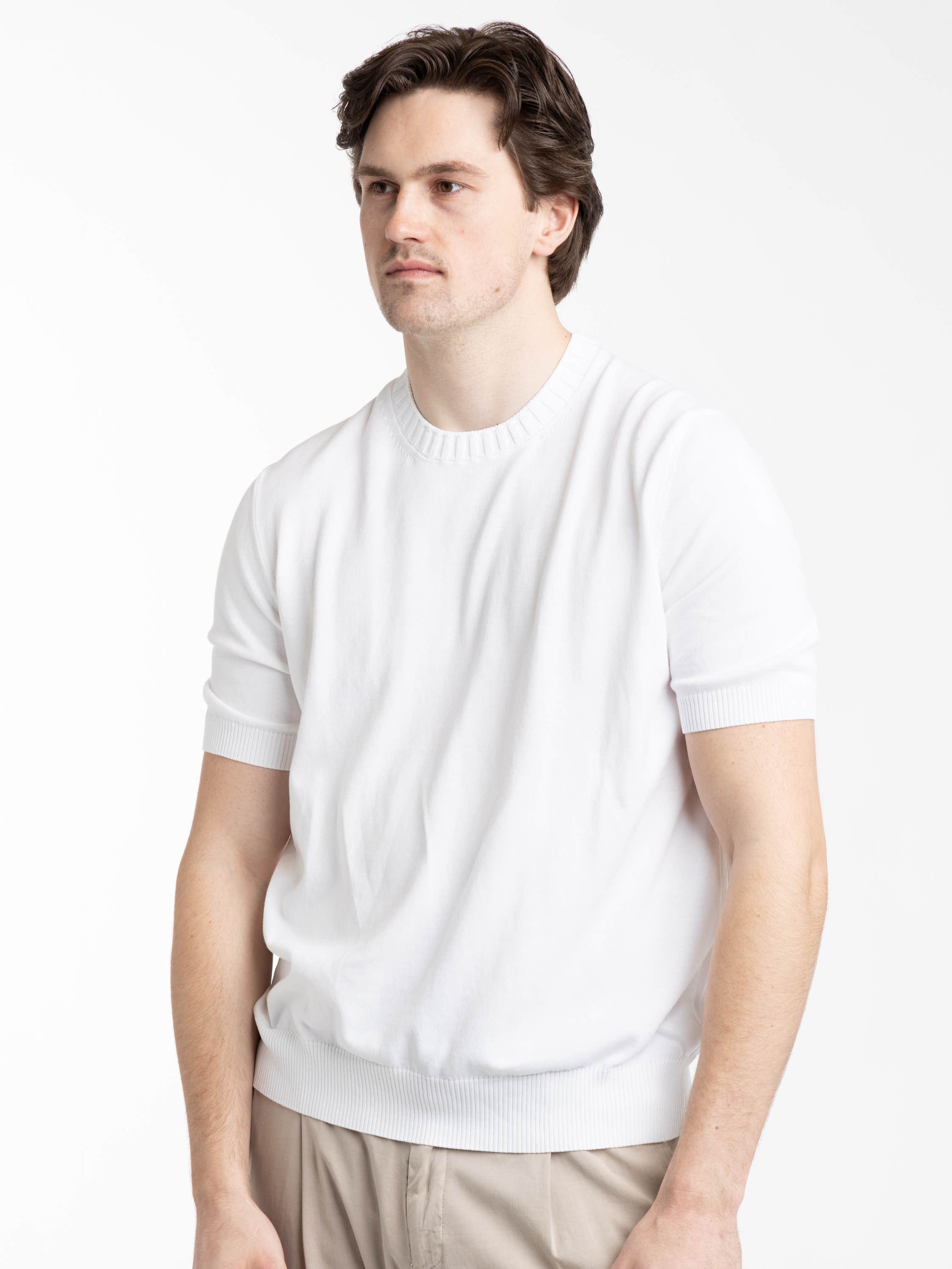 White Ribbed Neck Knit T-Shirt