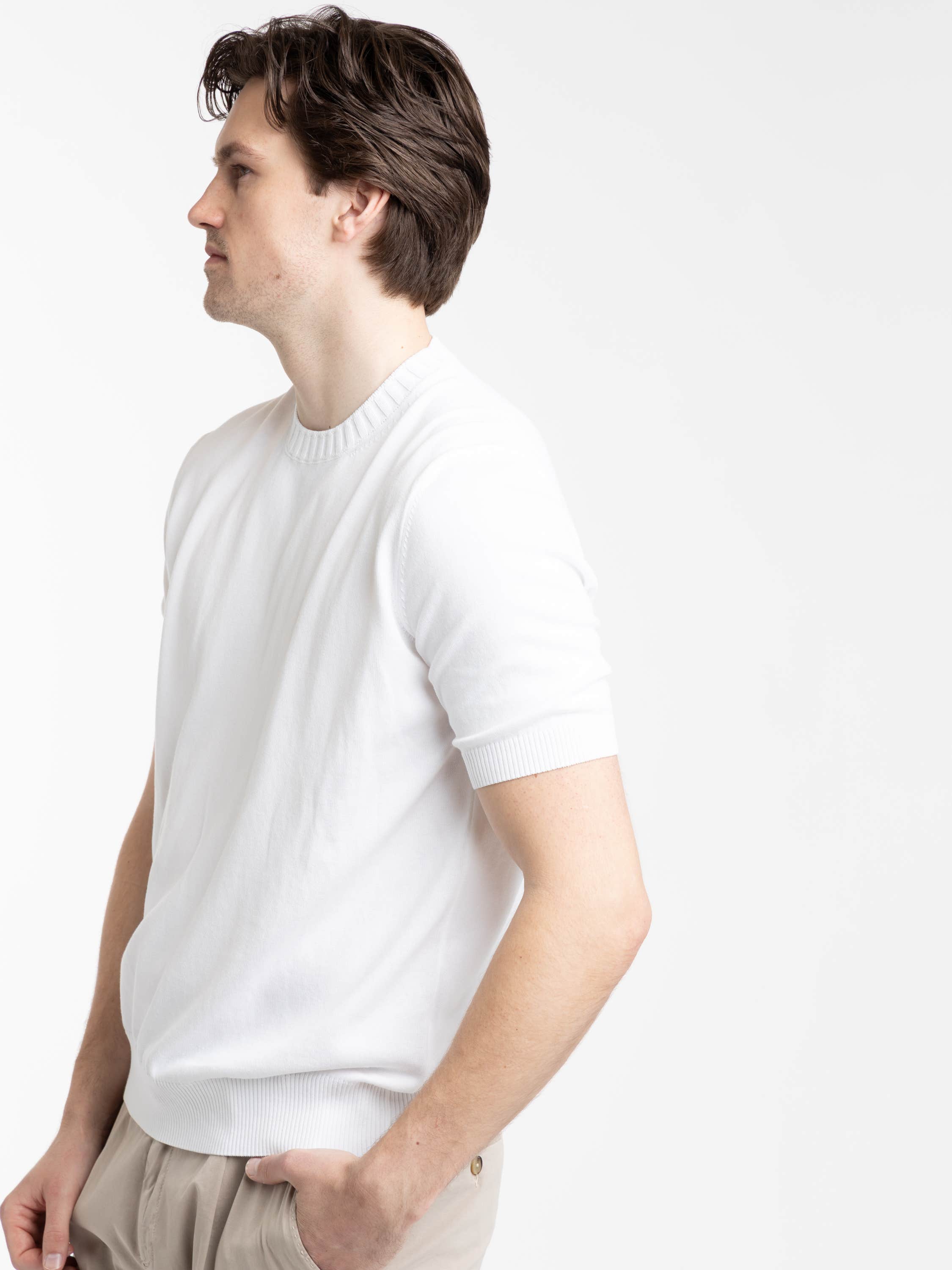 White Ribbed Neck Knit T-Shirt