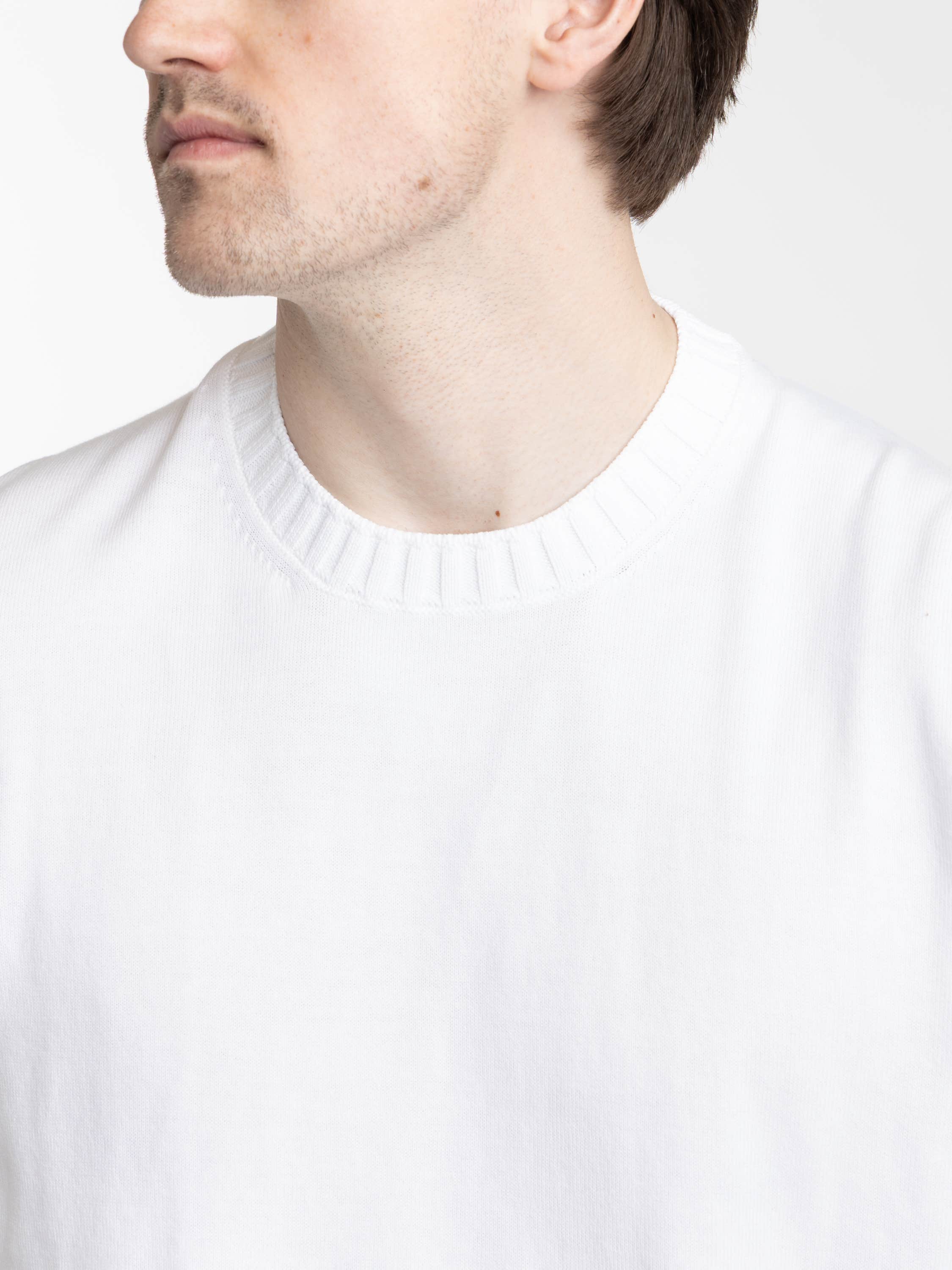 White Ribbed Neck Knit T-Shirt