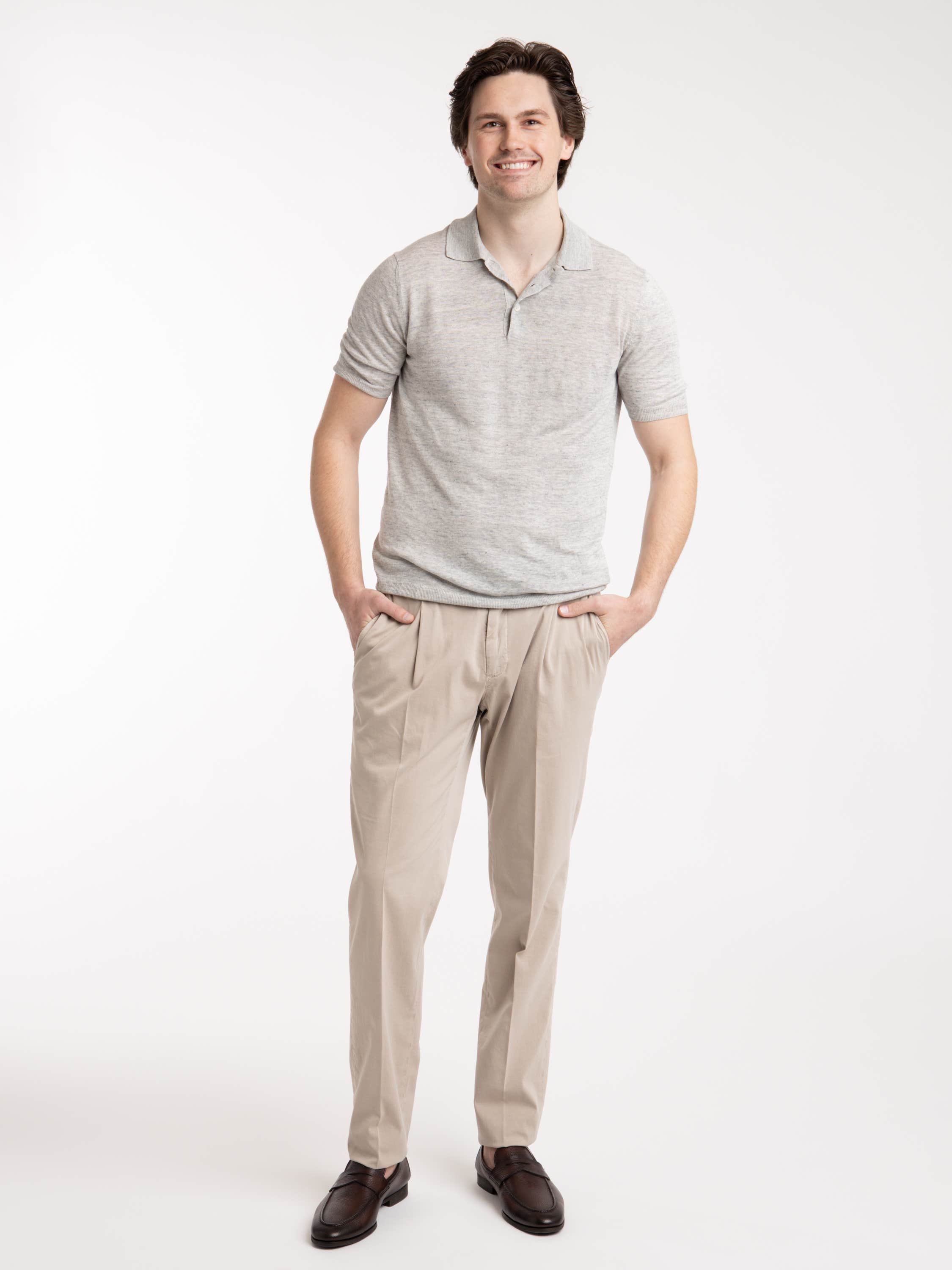 Beige Cotton and Silk Blend Pleated Trousers