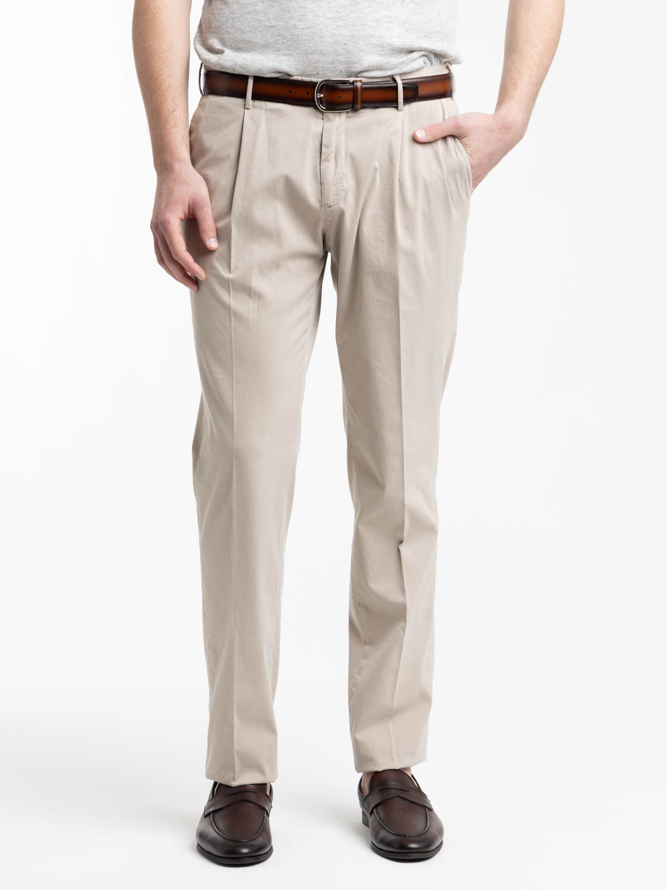 Beige Cotton and Silk Blend Pleated Trousers