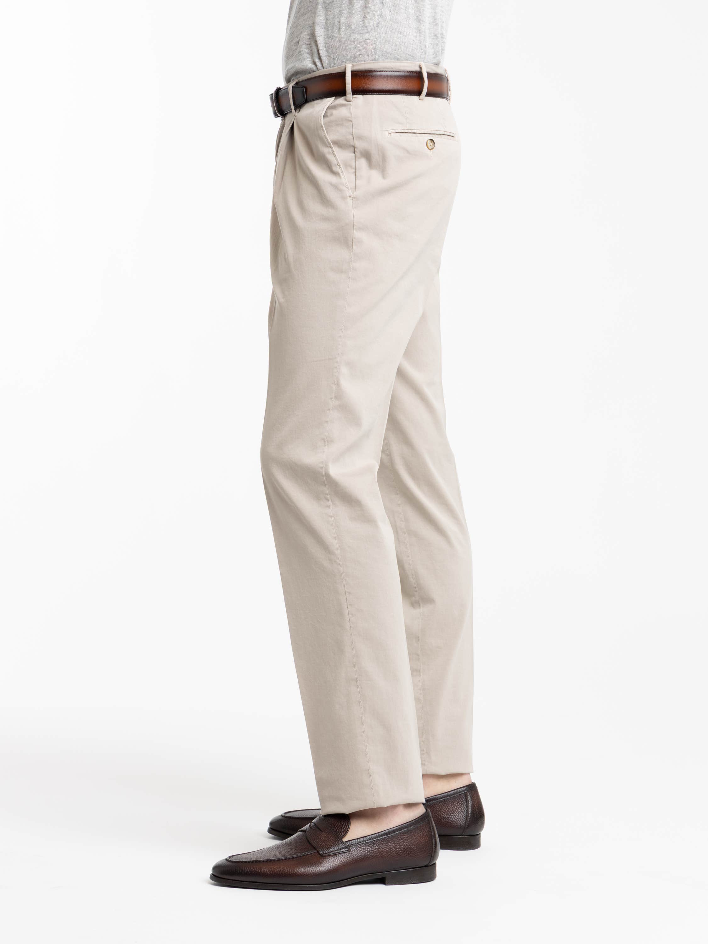 Beige Cotton and Silk Blend Pleated Trousers